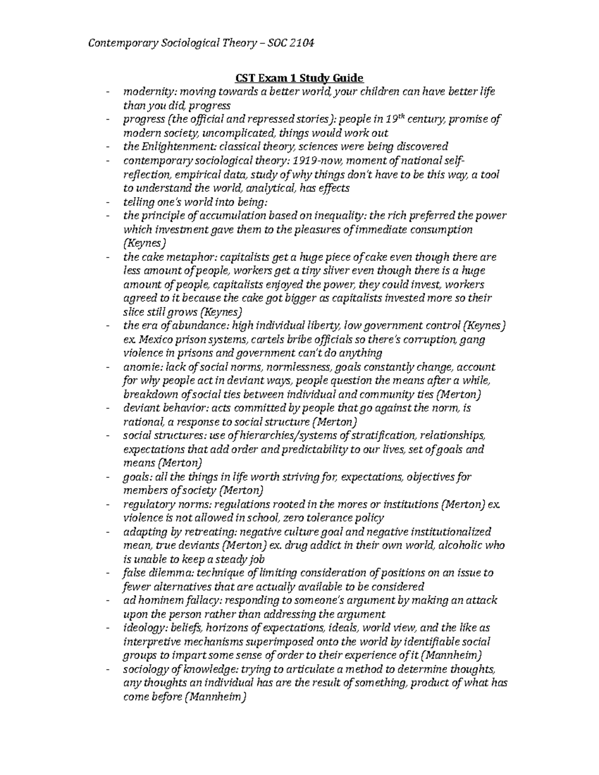 Exam 1 Study Guide - CST Exam 1 Study Guide modernity: moving towards a ...