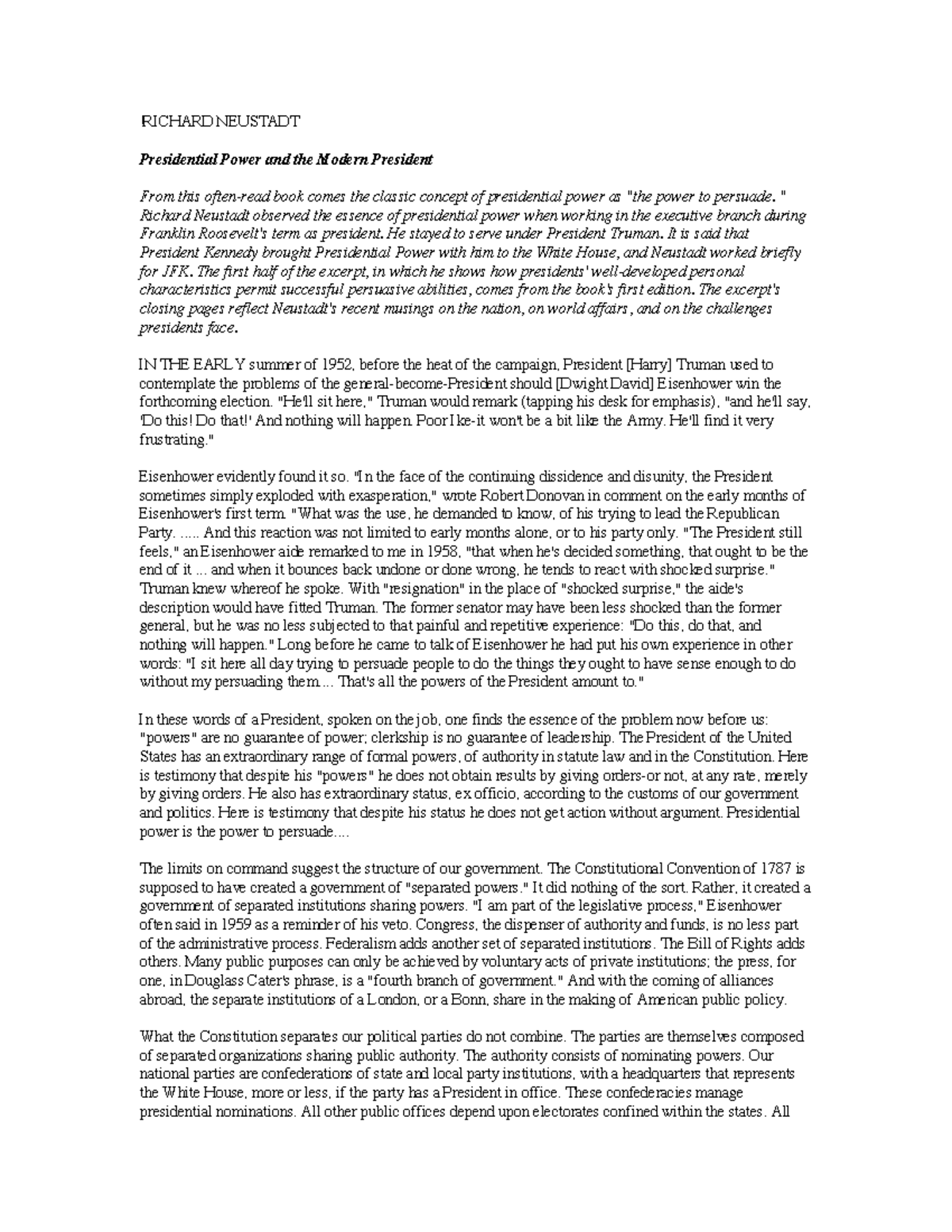 7 Richard Neustadt The Power to Persuade !RICHARD NEUSTADT