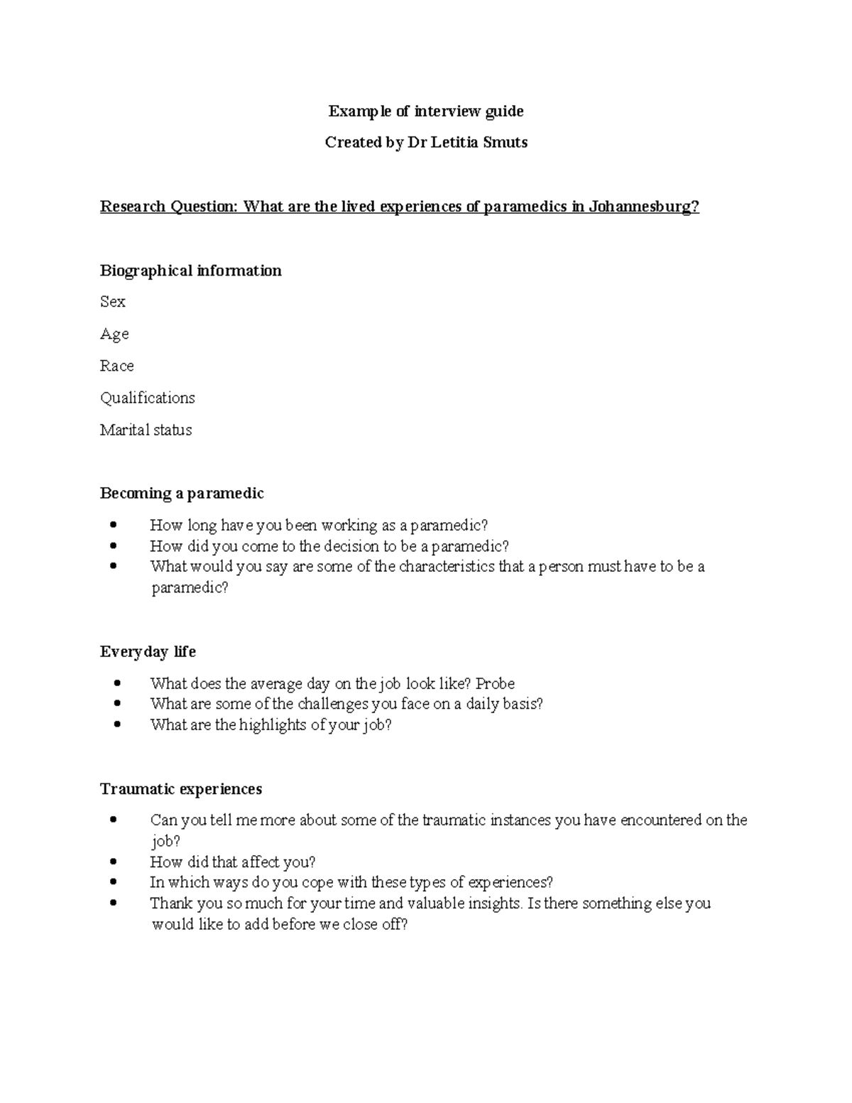 Example of interview guide - Example of interview guide Created by Dr ...