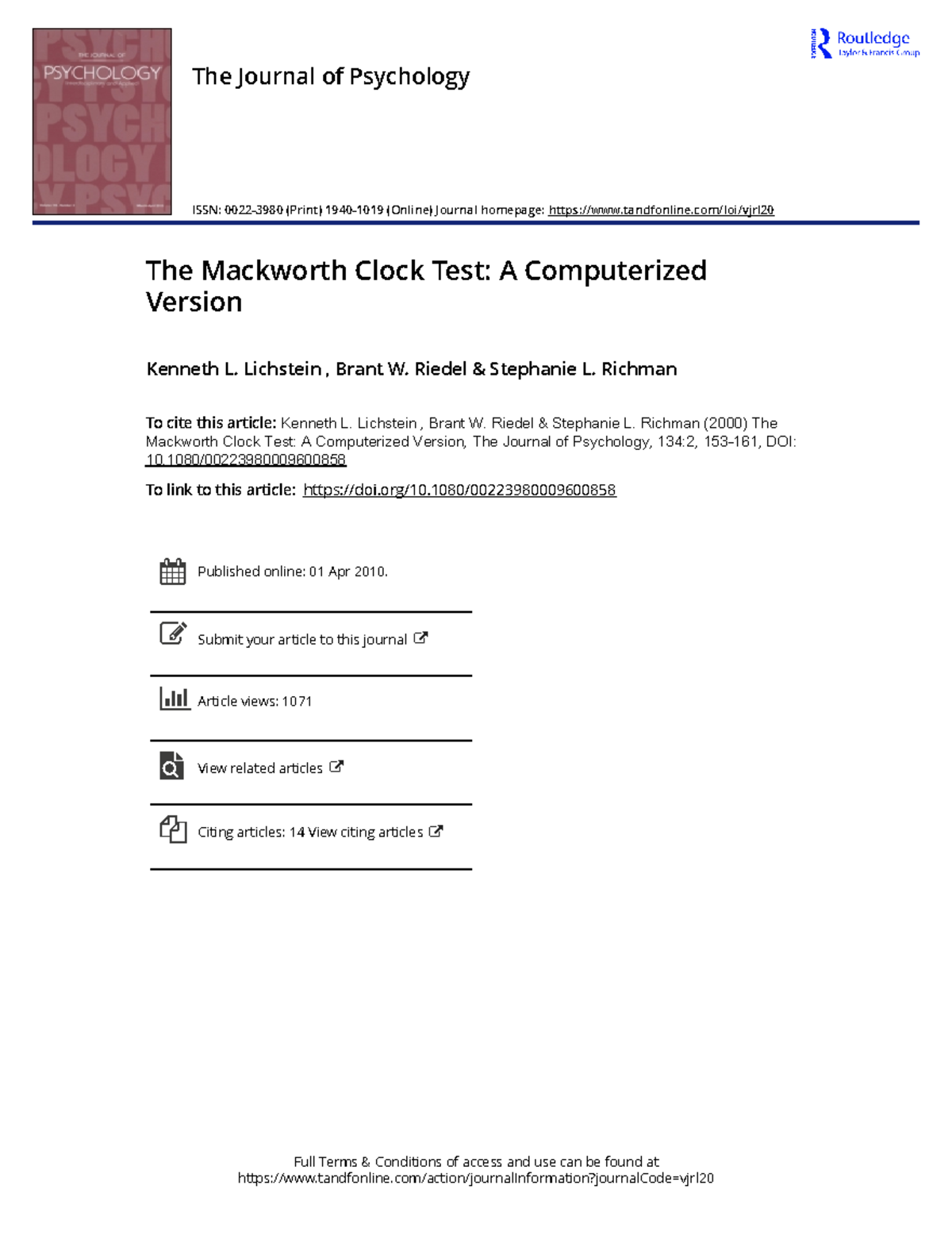 The Mackworth Clock Test A Computerized Version Full Terms