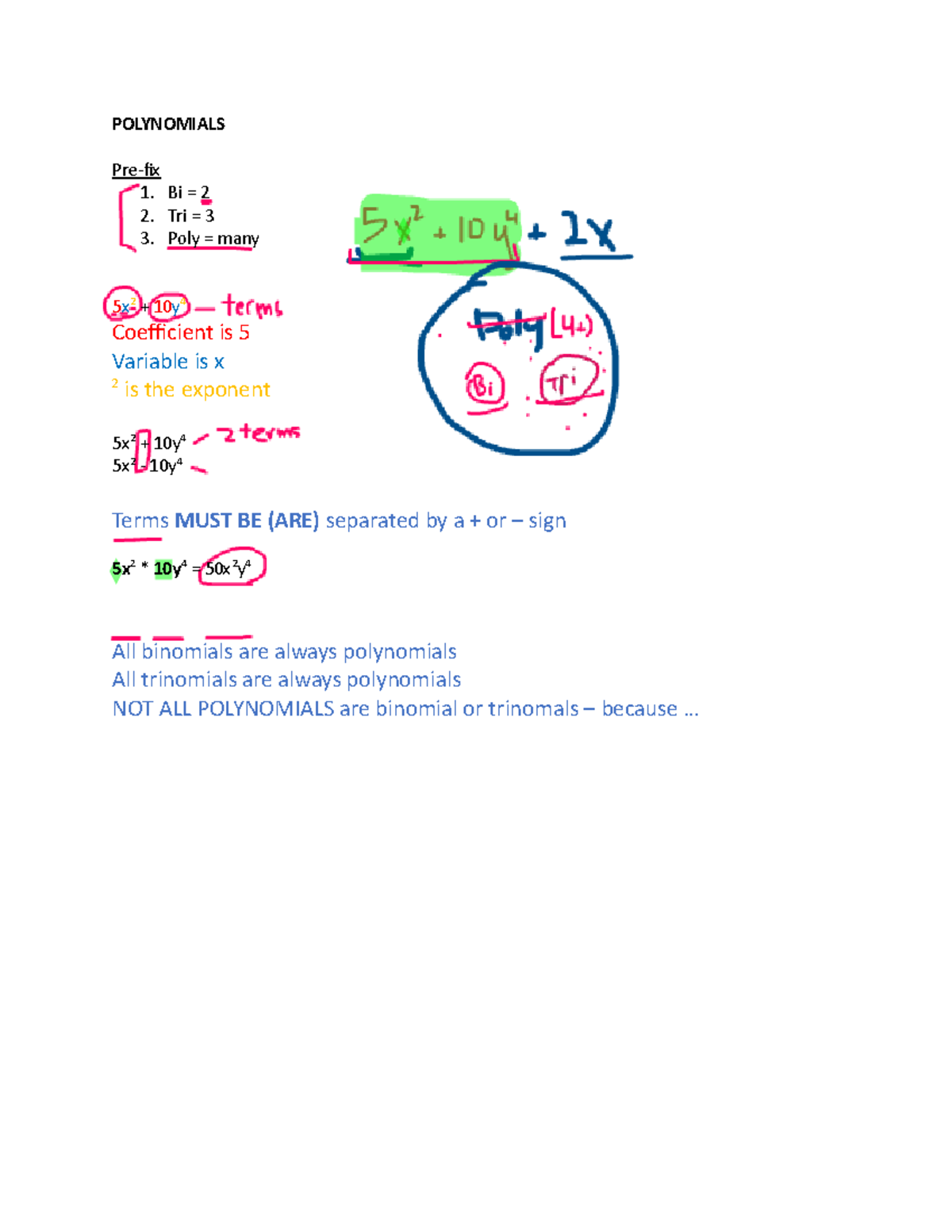 Barron Tutoring - Notes - POLYNOMIALS Pre-fix 1. Bi = 2 2. Tri = 3 3 ...