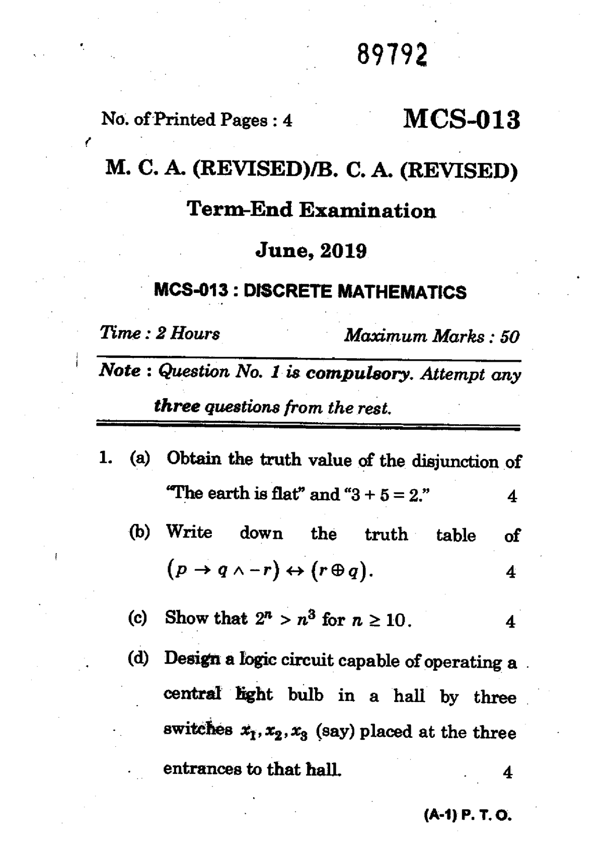 MCS-013(Discrete Mathematics) - 89792 No Of Printed Pages : 4 MCS- M. C ...