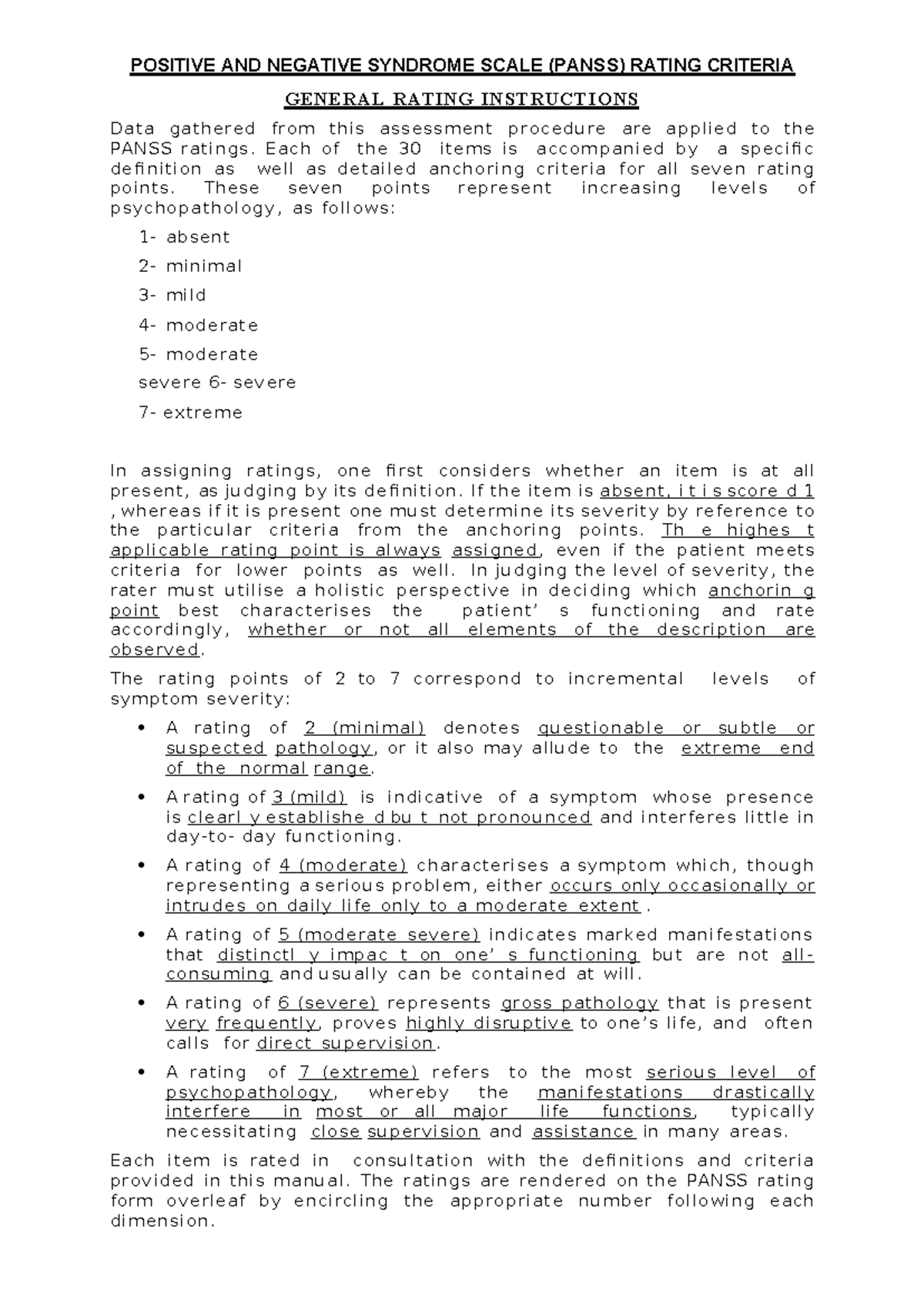 Panss - POSITIVE AND NEGATIVE SYNDROME SCALE (PANSS) RATING CRITERIA ...
