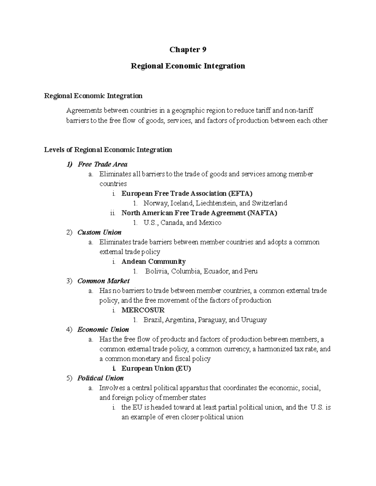 Chapter 9 - Lecture notes 6 - Chapter 9 Regional Economic Integration ...