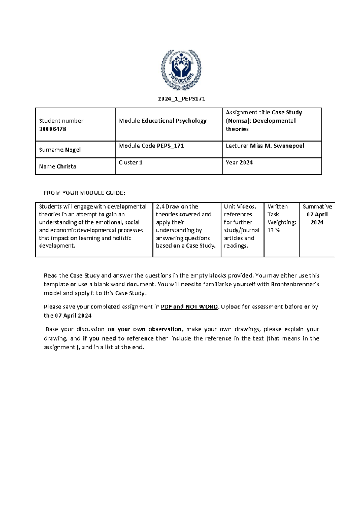 2024 1 PEPS171 Unit 2 written assignment - 2024 _1_PEPS Student number ...