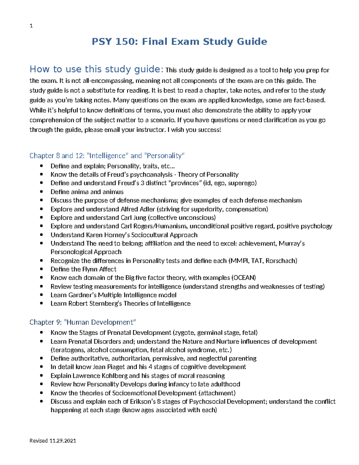 Final Exam Study Guide - Revised 11 - 1 PSY 150: Final Exam Study Guide ...