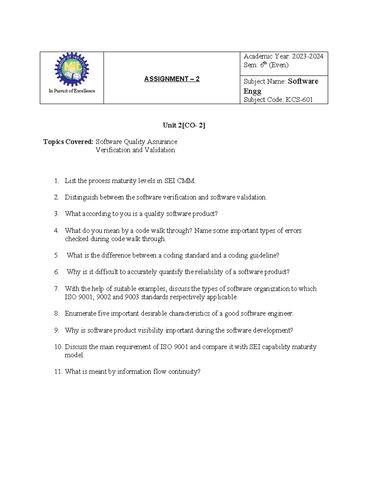 SE Assignment 2 - In Pursuit of Excellence ASSIGNMENT – 2 Academic Year ...