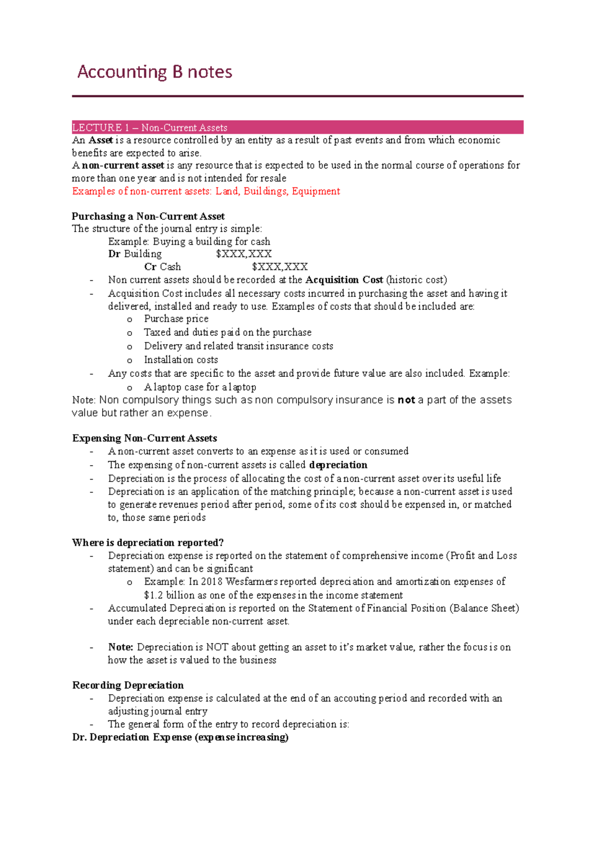 Accounting B Full Lecture - Accounting B Notes LECTURE 1 – Non-Current ...