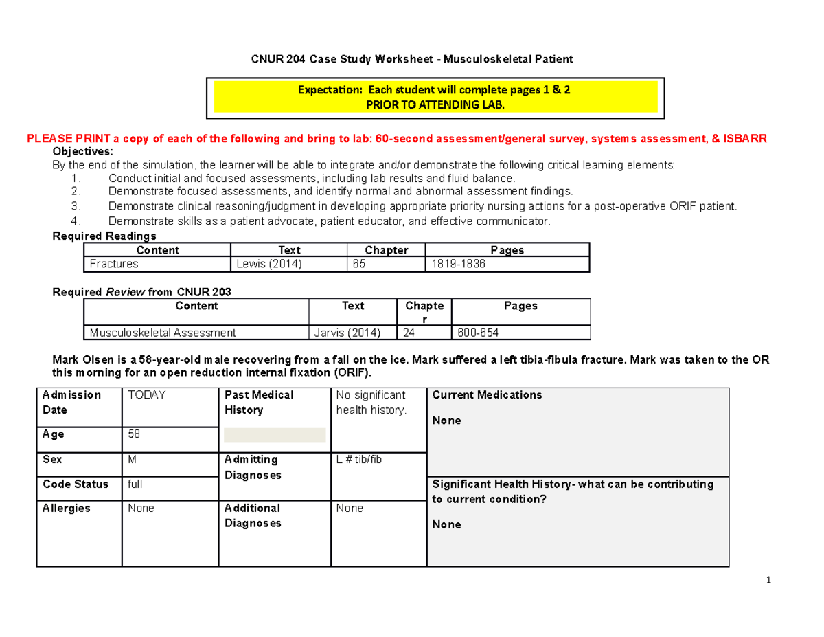 Compartment syndrome lab prep - CNUR 204 Case Study Worksheet ...