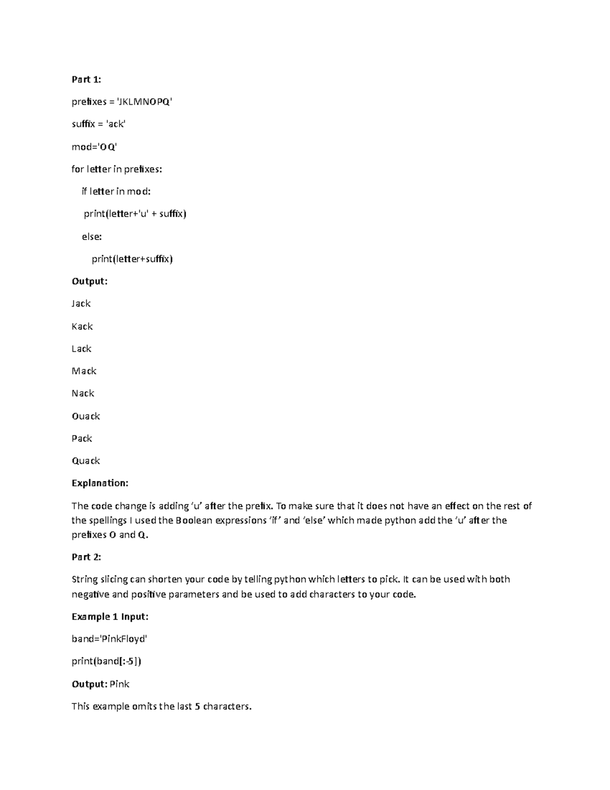 Learning Journal Unit 5 - Part 1: prefixes = 'JKLMNOPQ' suffix = 'ack ...