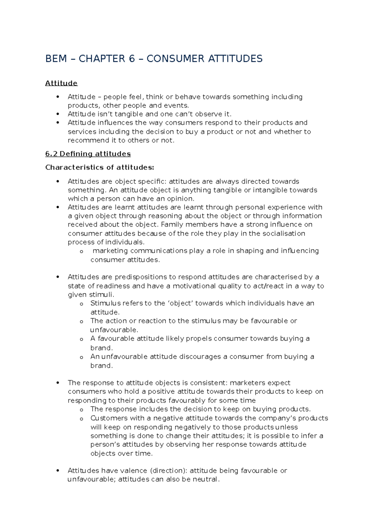BEM 6-10 - summary for chapters - BEM – CHAPTER 6 – CONSUMER ATTITUDES ...