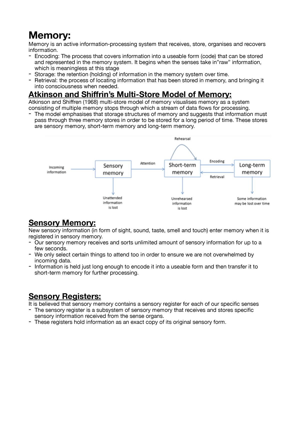 Memory Notes - Memory: Memory Is An Active Information-processing ...