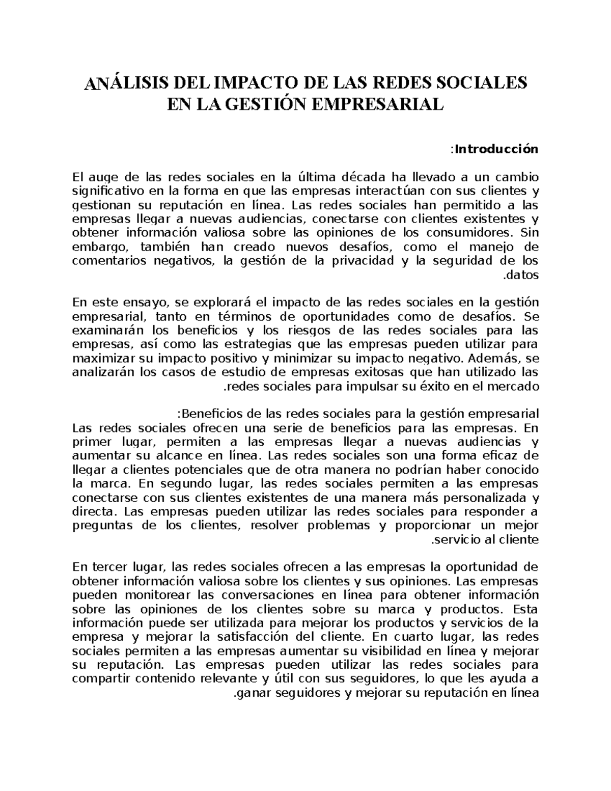 Análisis del impacto de las redes sociales en la gestión empresarial ...