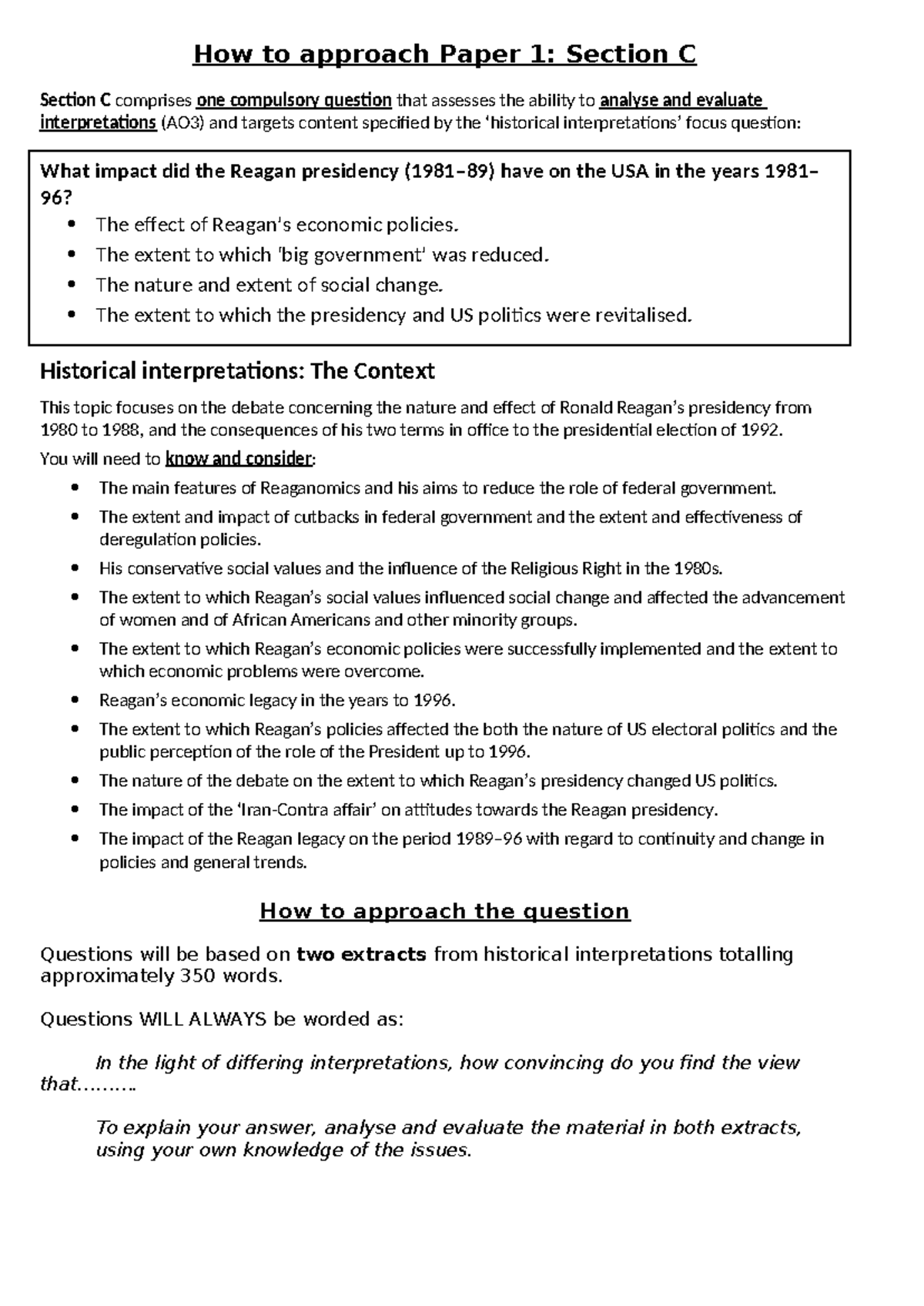 Section c - handout summary and exam advice - How to approach Paper 1 ...