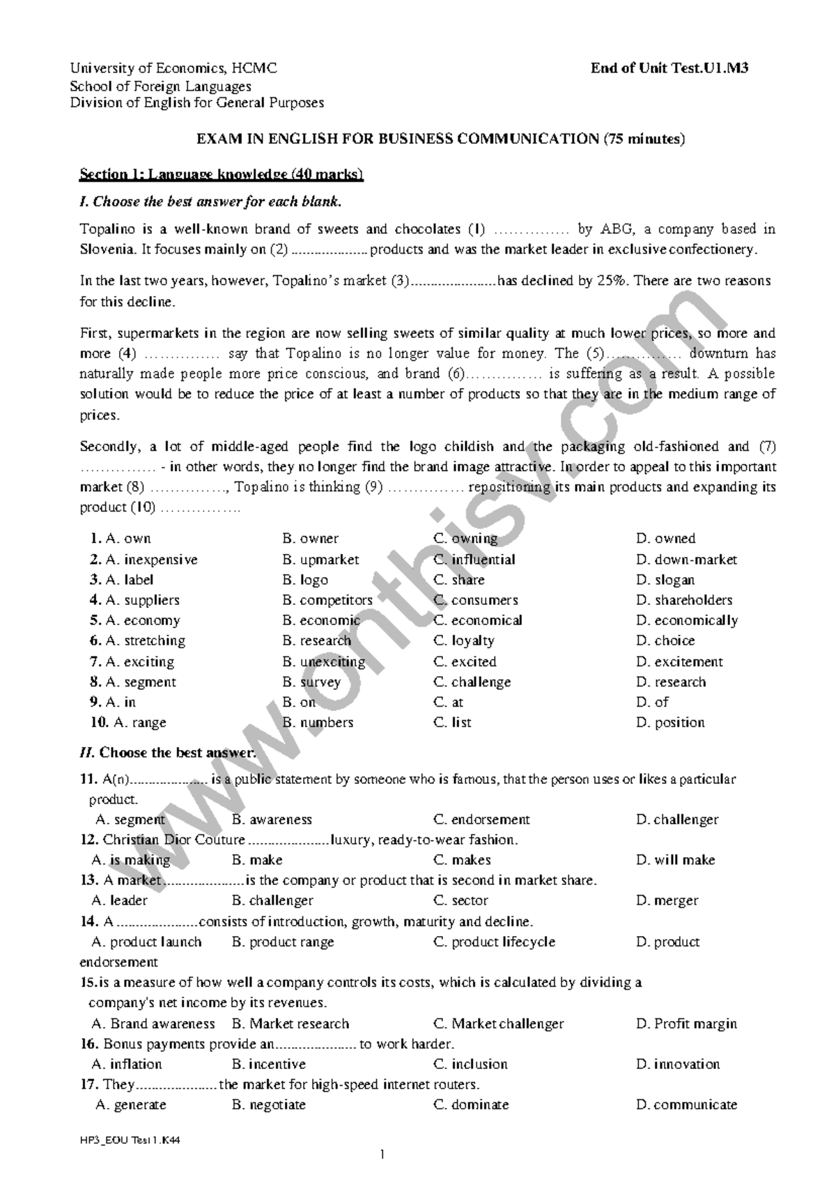 EOU Test HP3 đề - Sbdhd - HP3_EOU Test 1 University Of Economics, HCMC ...