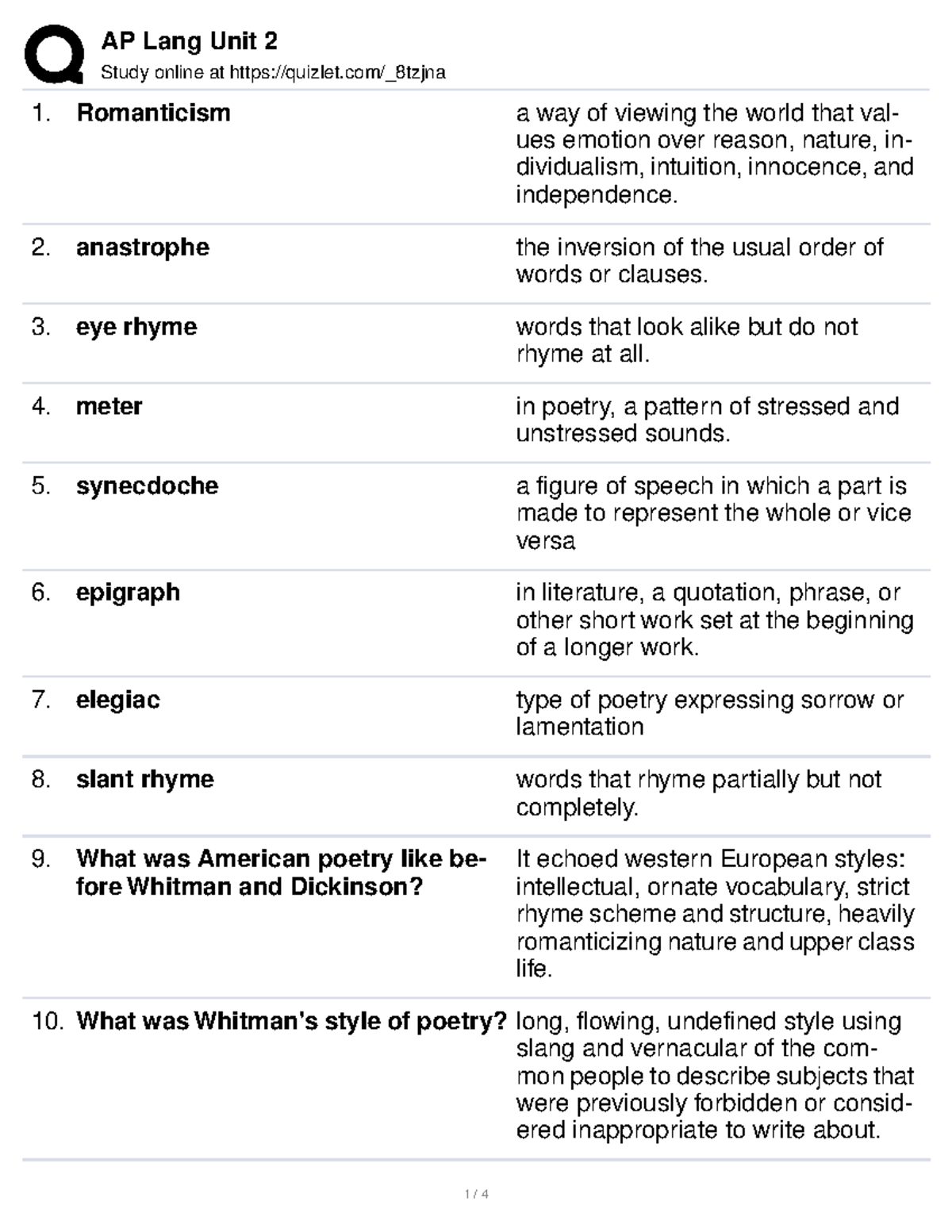 Unit 2 Terms review Study online at quizlet/_8tzjna Romanticism a way