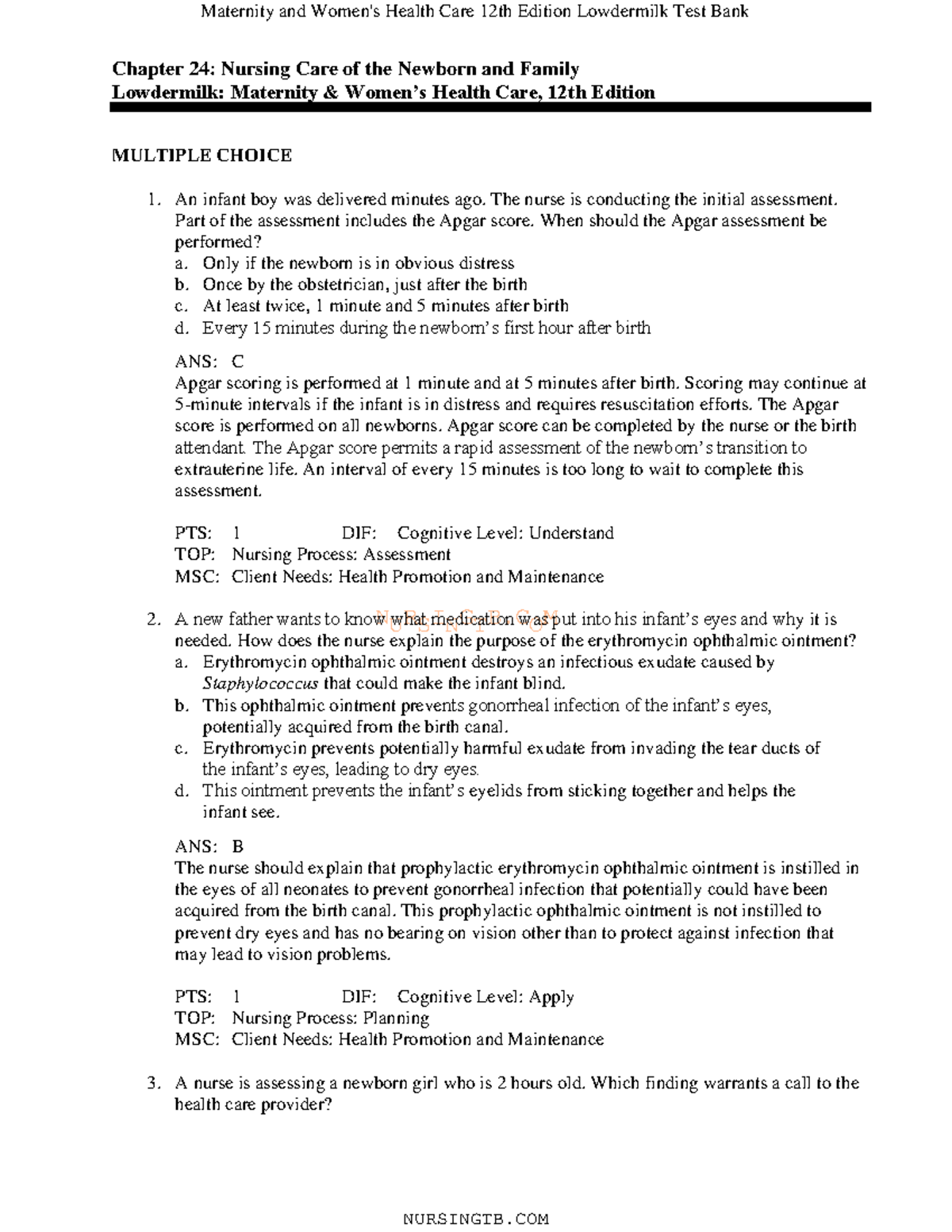 24 - Test Bank For Nursing - NURSINGTB Chapter 24: Nursing Care Of The ...