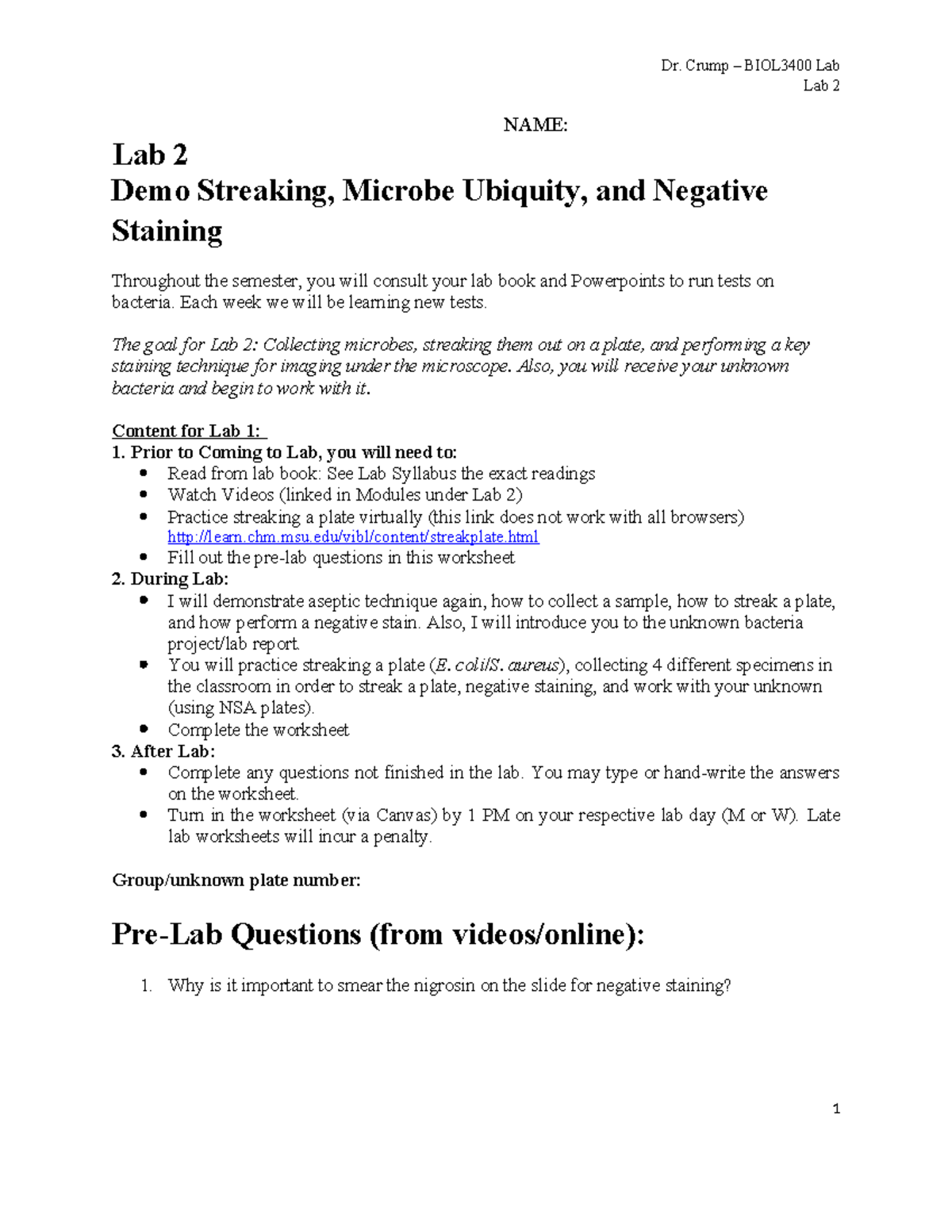 Lab 2-Streak, Negative Stain, Collection - Lab 2 NAME: Lab 2 Demo ...