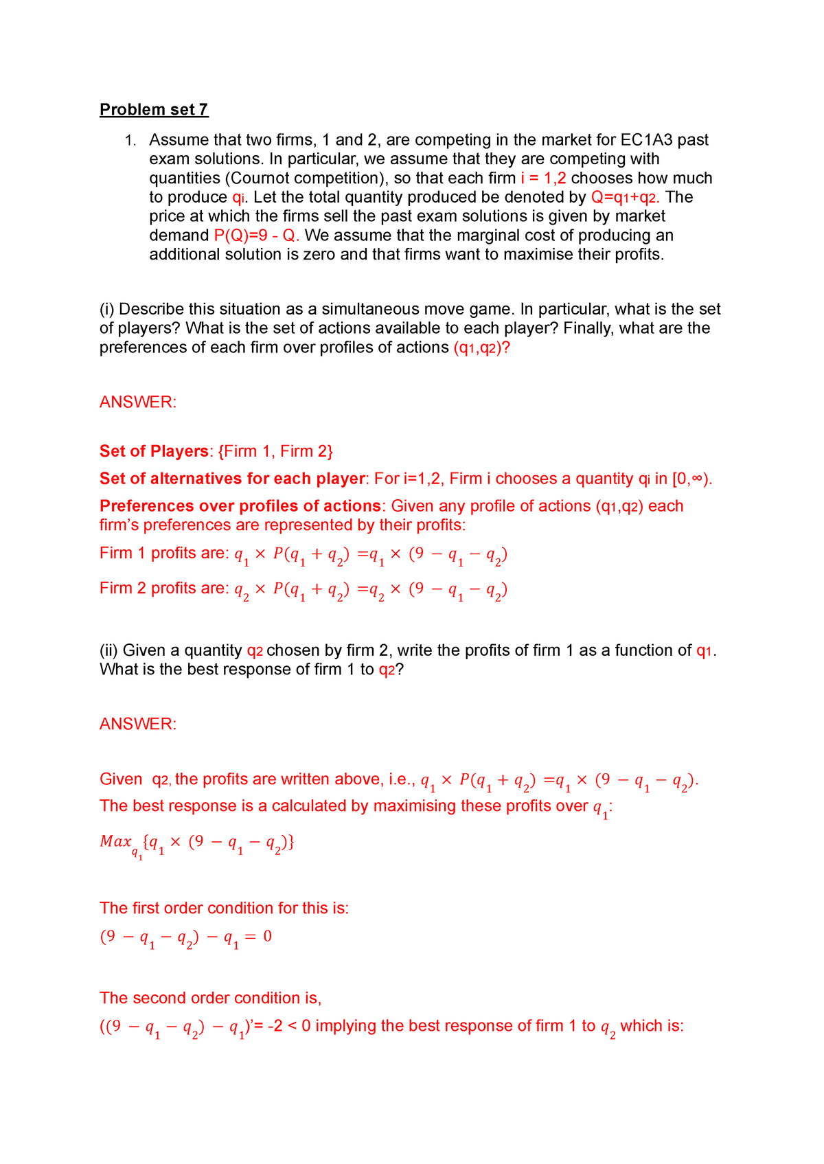 Problem Set 7 Solution - Problem Set 7 1. Assume That Two Firms, 1 And ...