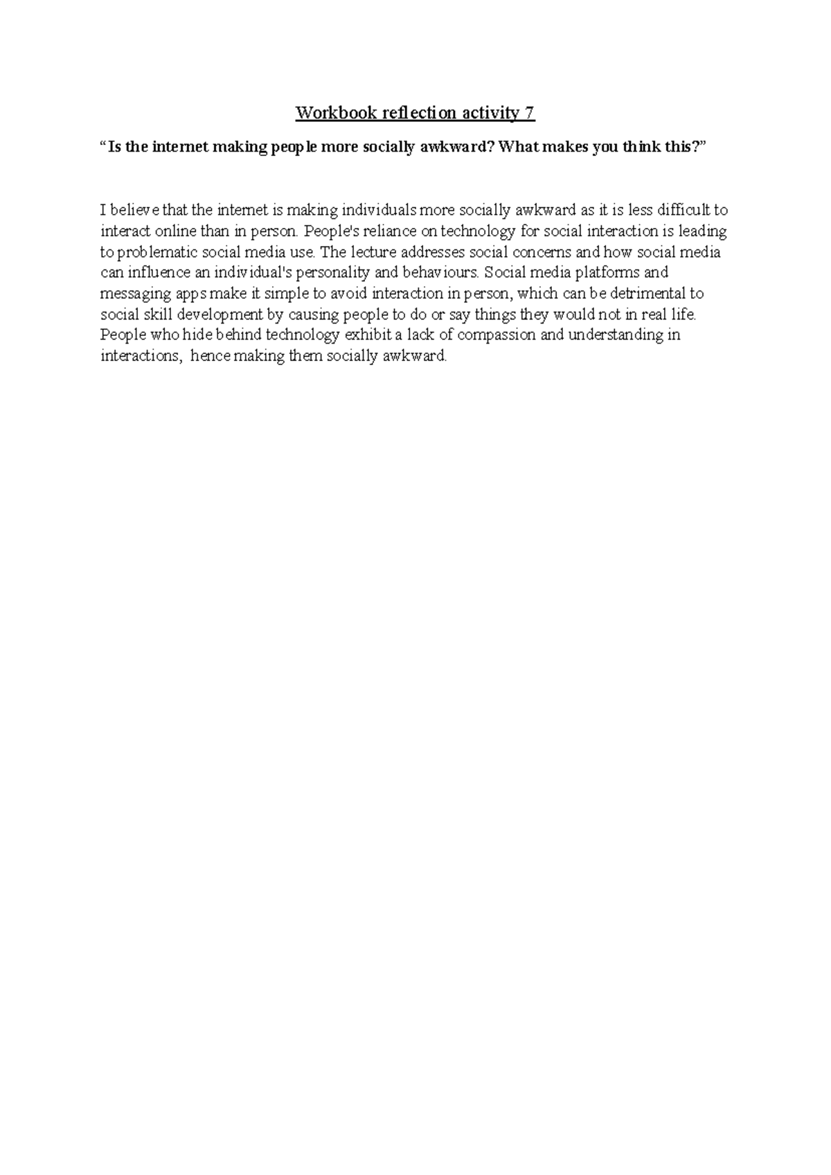 Workbook reflection activity wek 7 - Workbook reflection activity 7 “Is ...