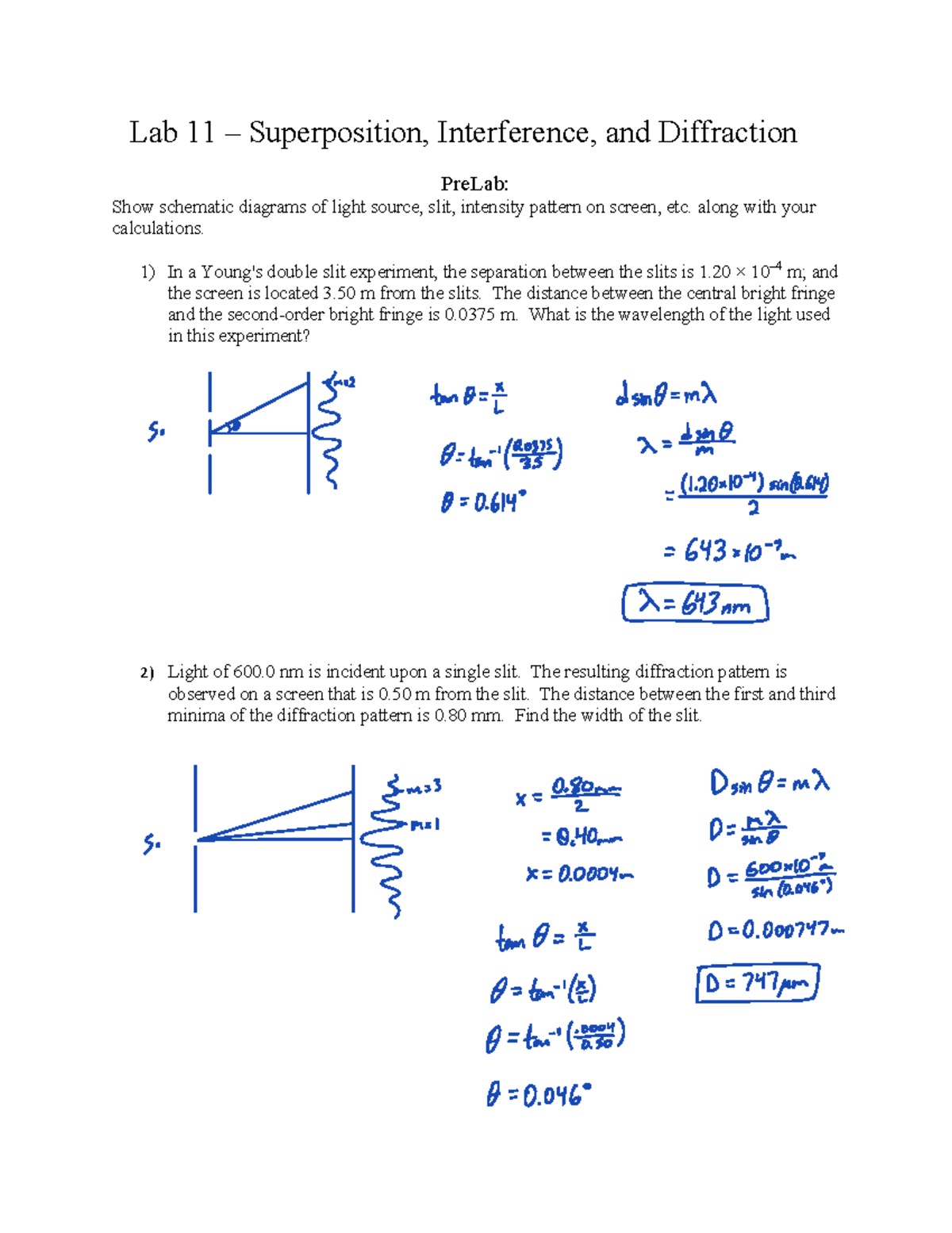 Pre Lab 11 - Pre-lab - Lab 11 – Superposition, Interference, and ...