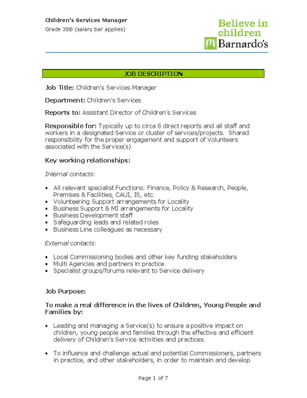 Children's Services Manager - Job Description & Person Profile - Grade ...