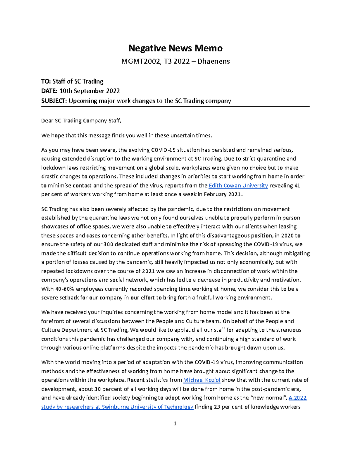 Negative News Memo Packet Negative News Memo MGMT2002, T3 2022