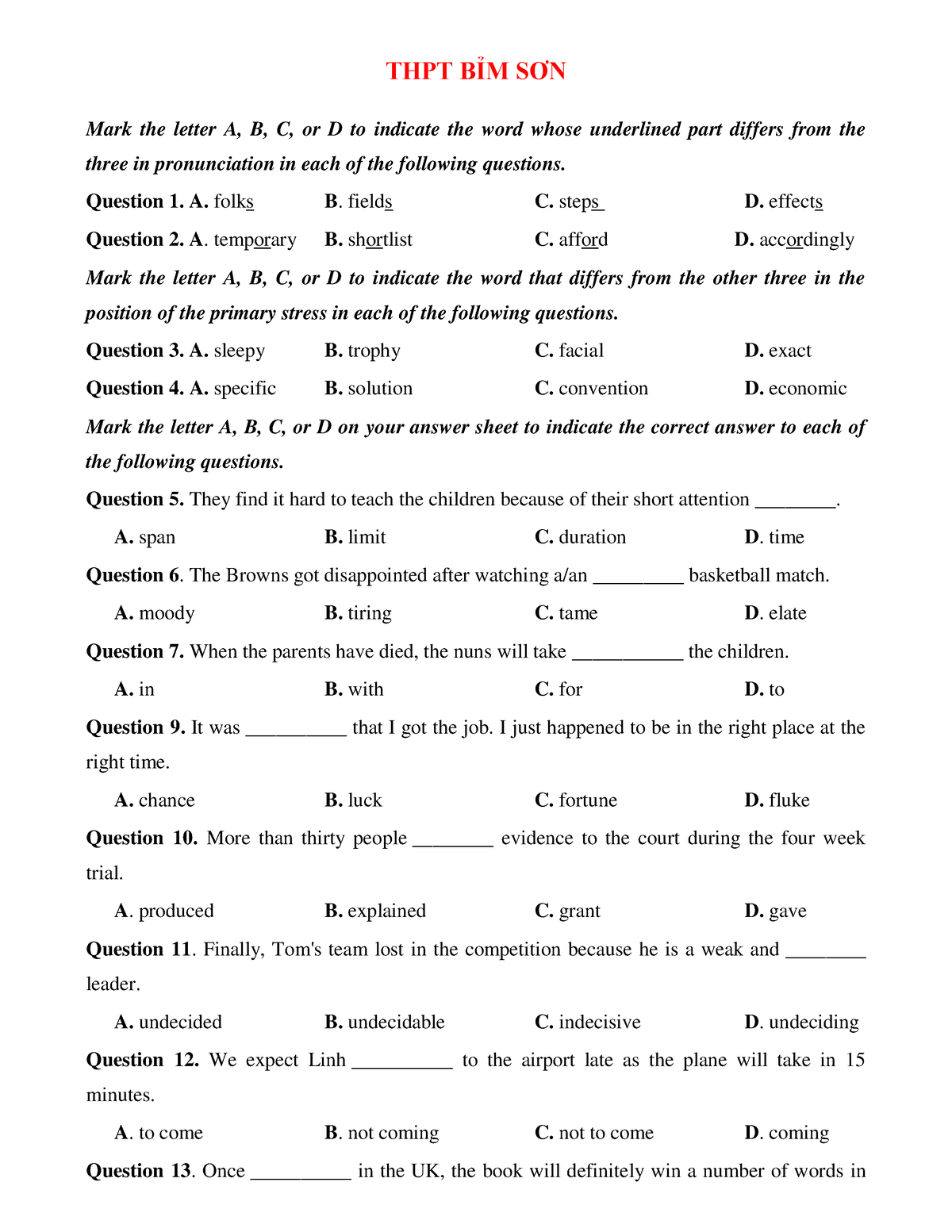 Đề Thi Thử Thptqg 2021 THPT Bỉm Sơn - THPT BỈM SƠN Mark The Letter A, B ...