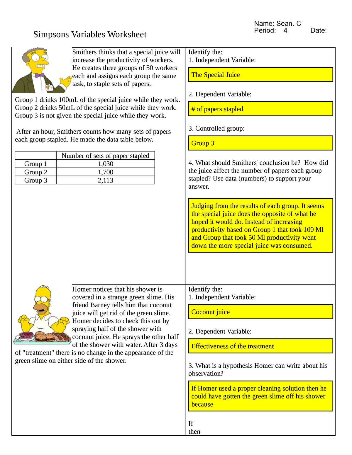 Simpsons variables stufff Simpsons Variables Worksheet Smithers