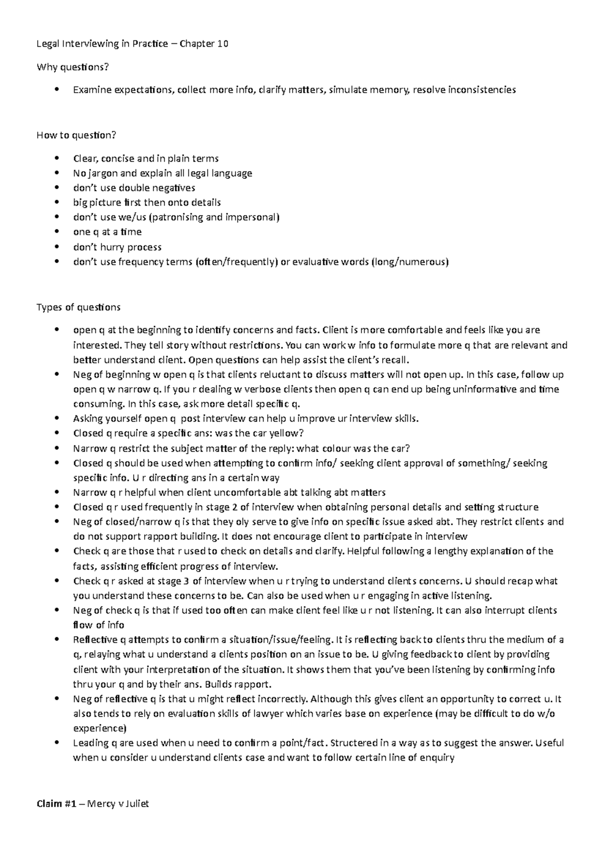 LLB102 - full notes for final - Legal Interviewing in Practice ...