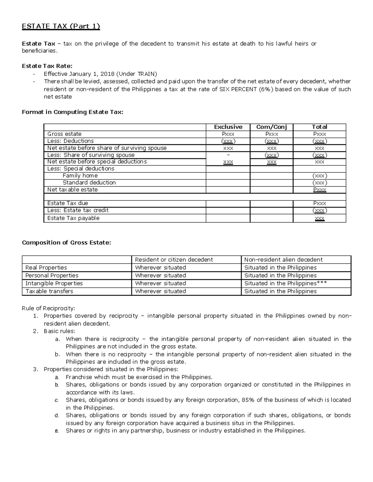 Estate Tax Gross Estate - ESTATE TAX (Part 1) Estate Tax – tax on the ...