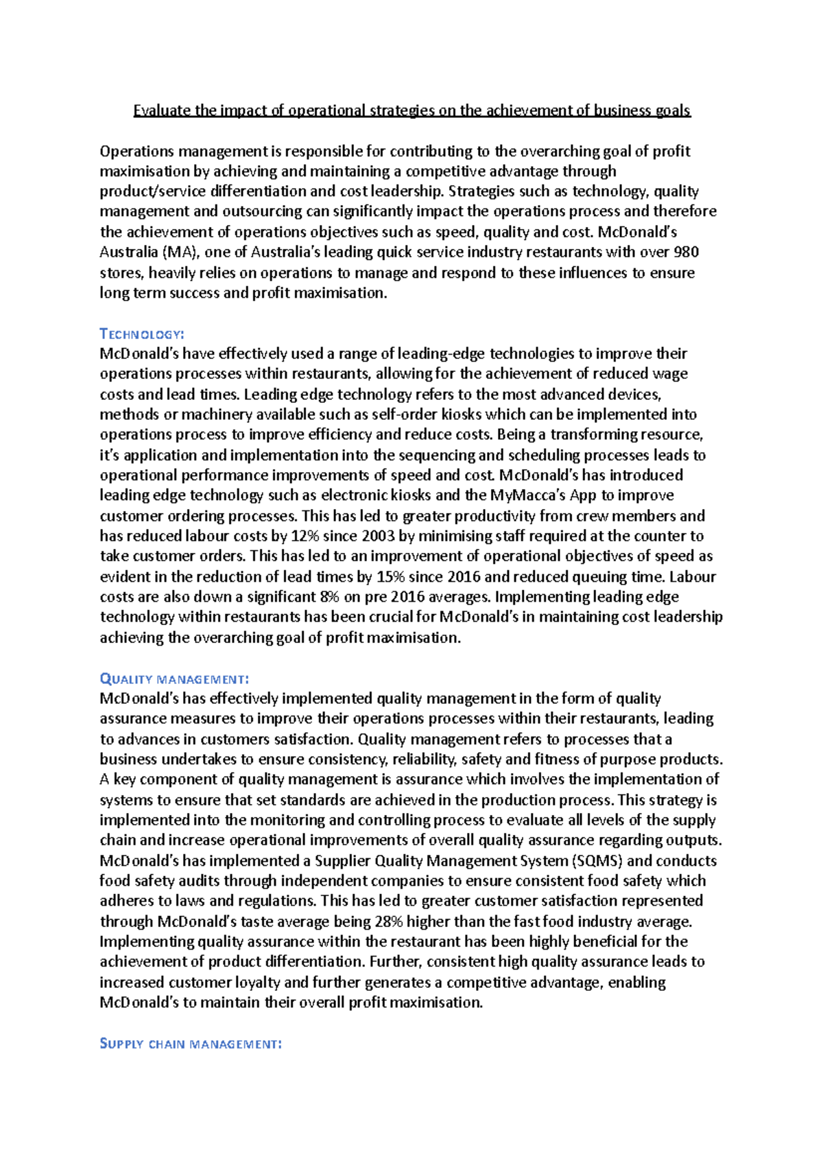 Operations Essay - Evaluate the impact of opera琀椀onal strategies on the ...