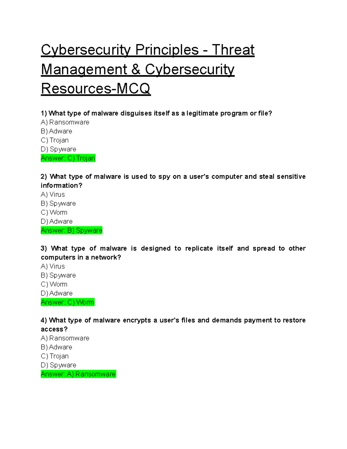 Attacks Using Malware - MCQ - Cybersecurity Principles - Threat ...