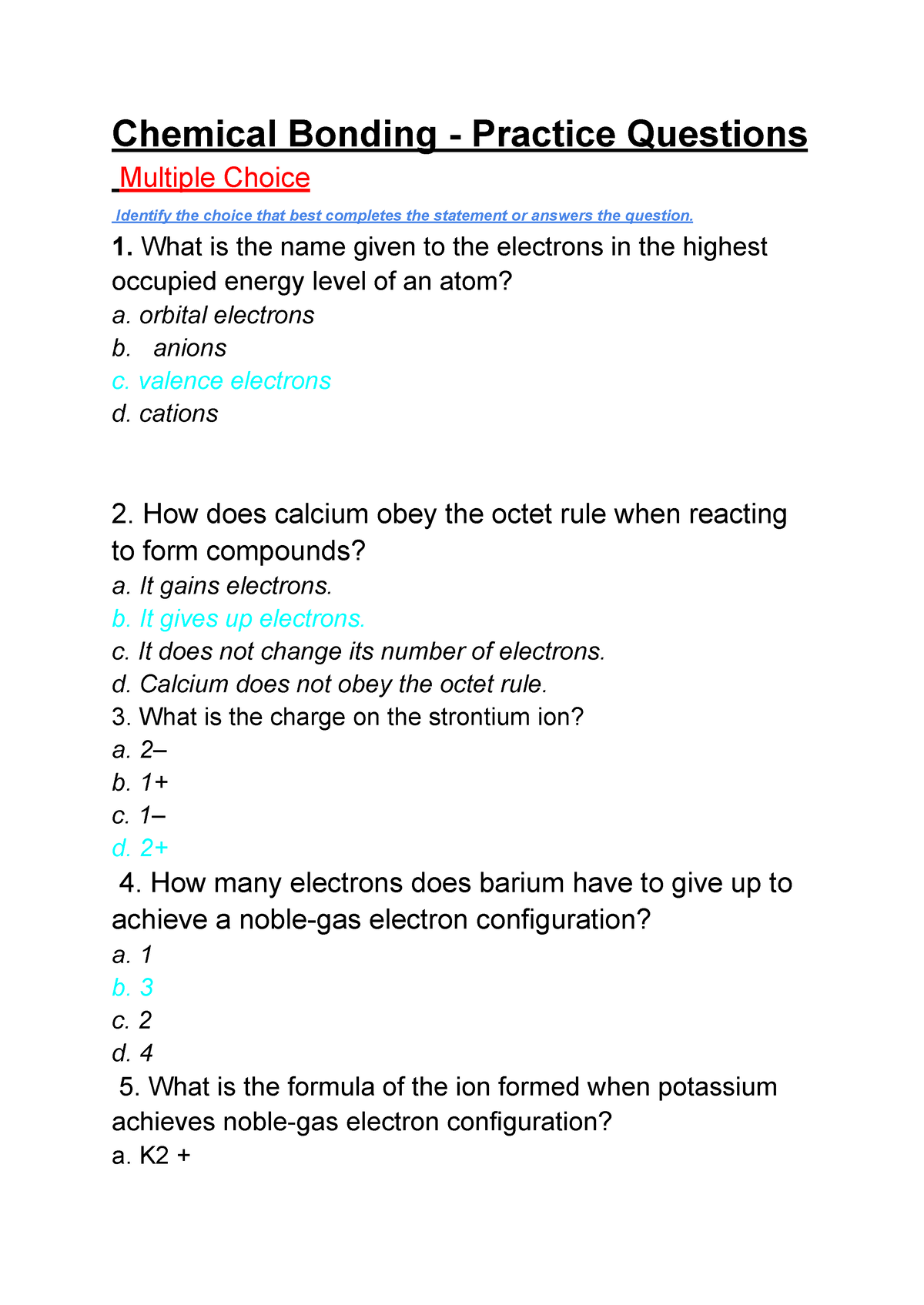 Chemical Bonding - Practice Questions - Chemical Bonding - Practice ...