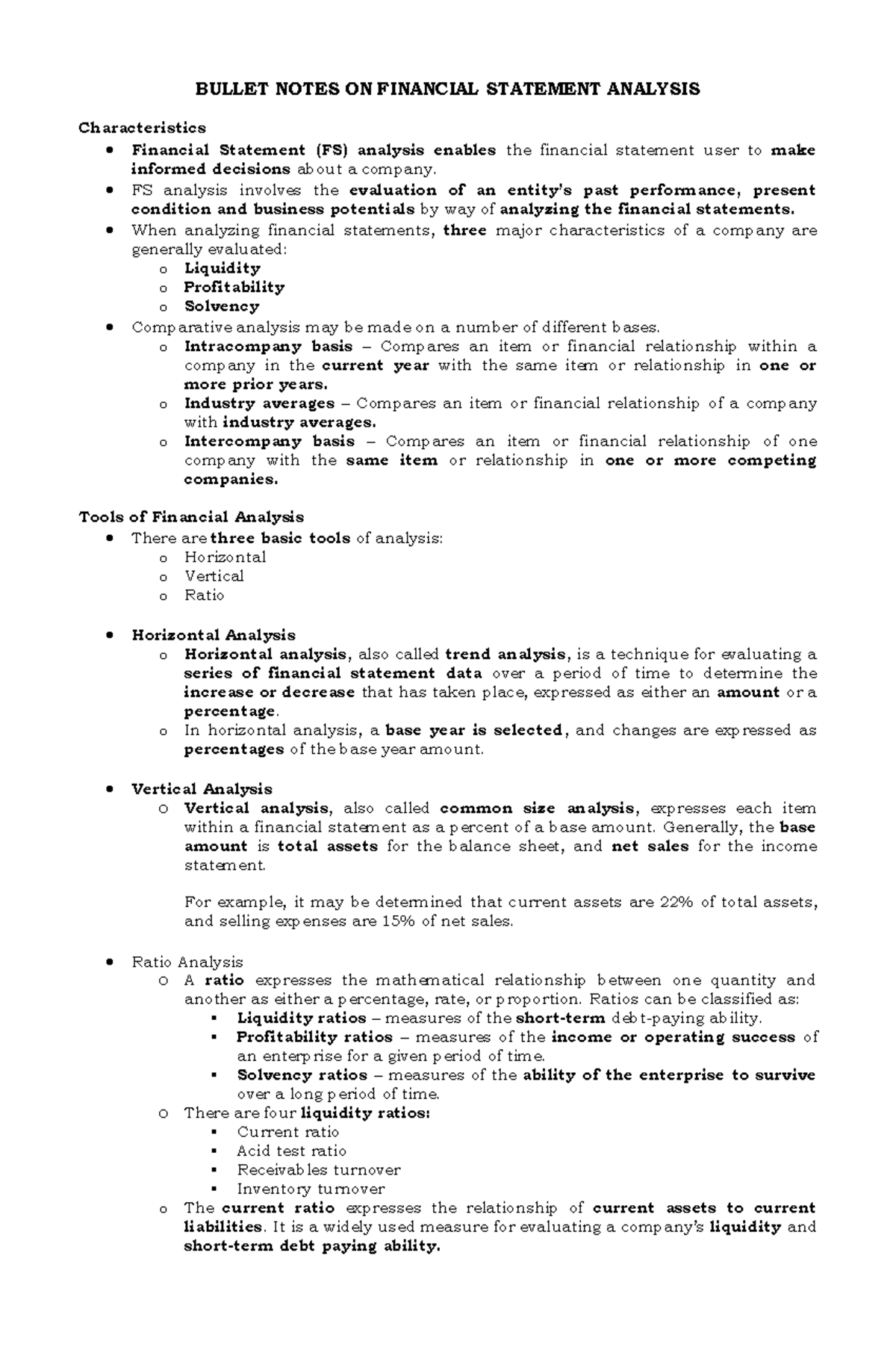MS Bullet Notes 10 - Financial Statements Analysis - BULLET NOTES ON ...