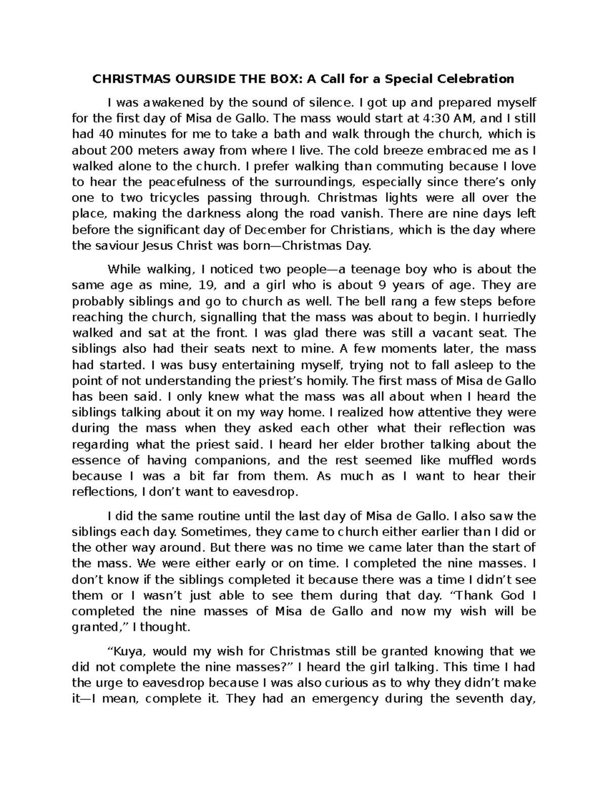 Christmas Outside THE BOX CHRISTMAS OURSIDE THE BOX A Call for a