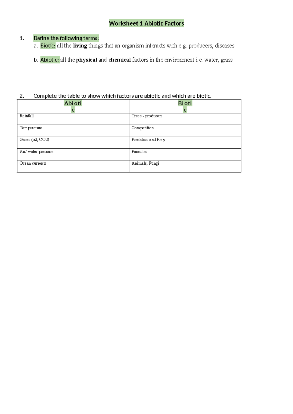 Biology Worksheet Abiotics - Worksheet 1 Abiotic Factors 1. Define the ...
