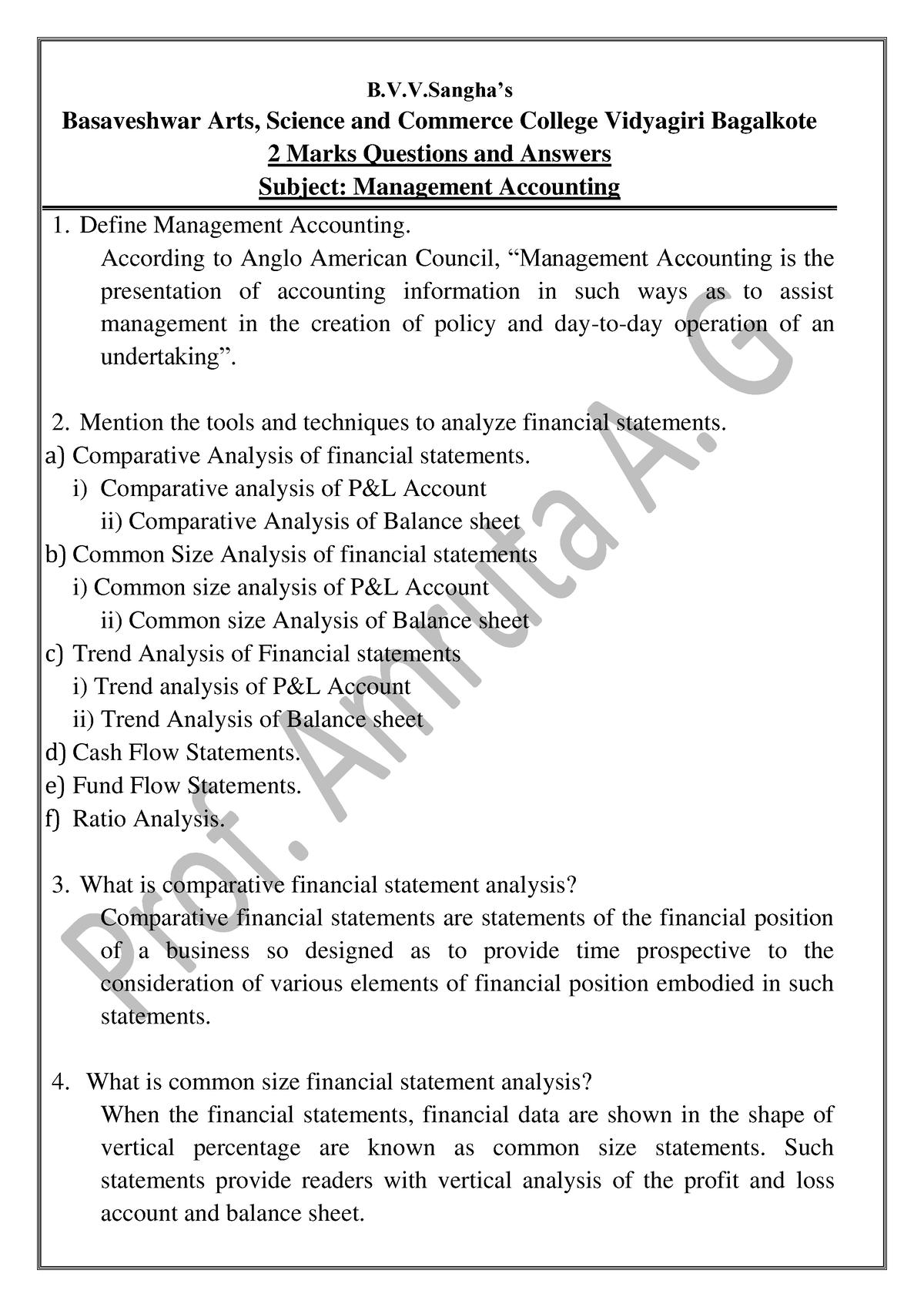 Management Accounting 2 Marks - B.V.V’s Basaveshwar Arts, Science And ...