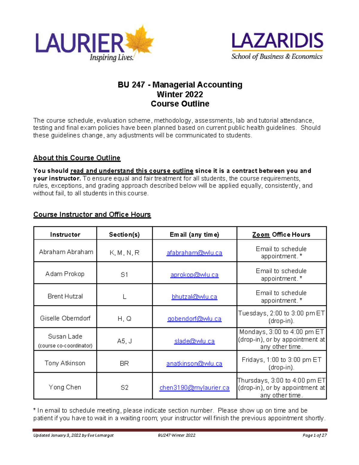 Bu247 Course Outline Winter 2022 2022010 3 Bu 247 Managerial Accounting Winter 2022 Course 8140