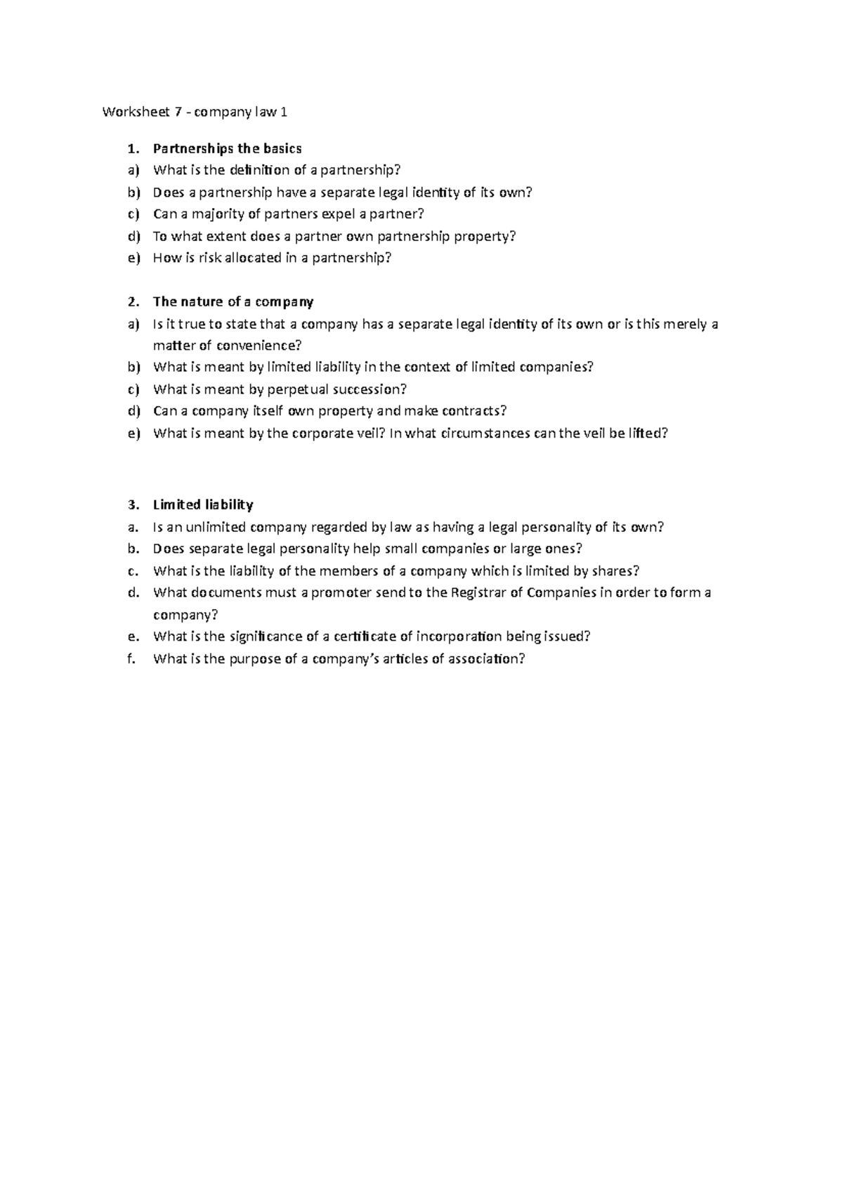 Worksheet 3 Company formation and the veil - Worksheet 7 - company law ...