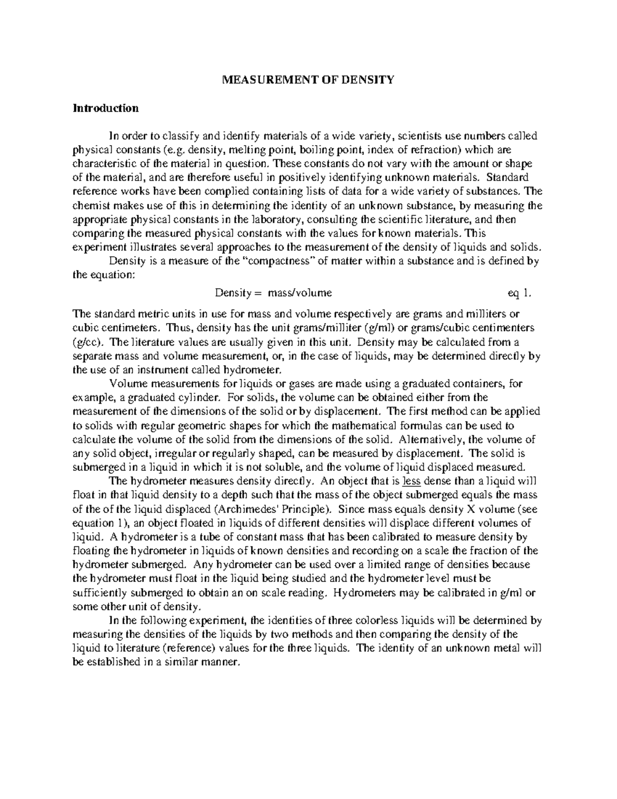 1 density - MEASUREMENT OF DENSITY Introduction In order to classify ...