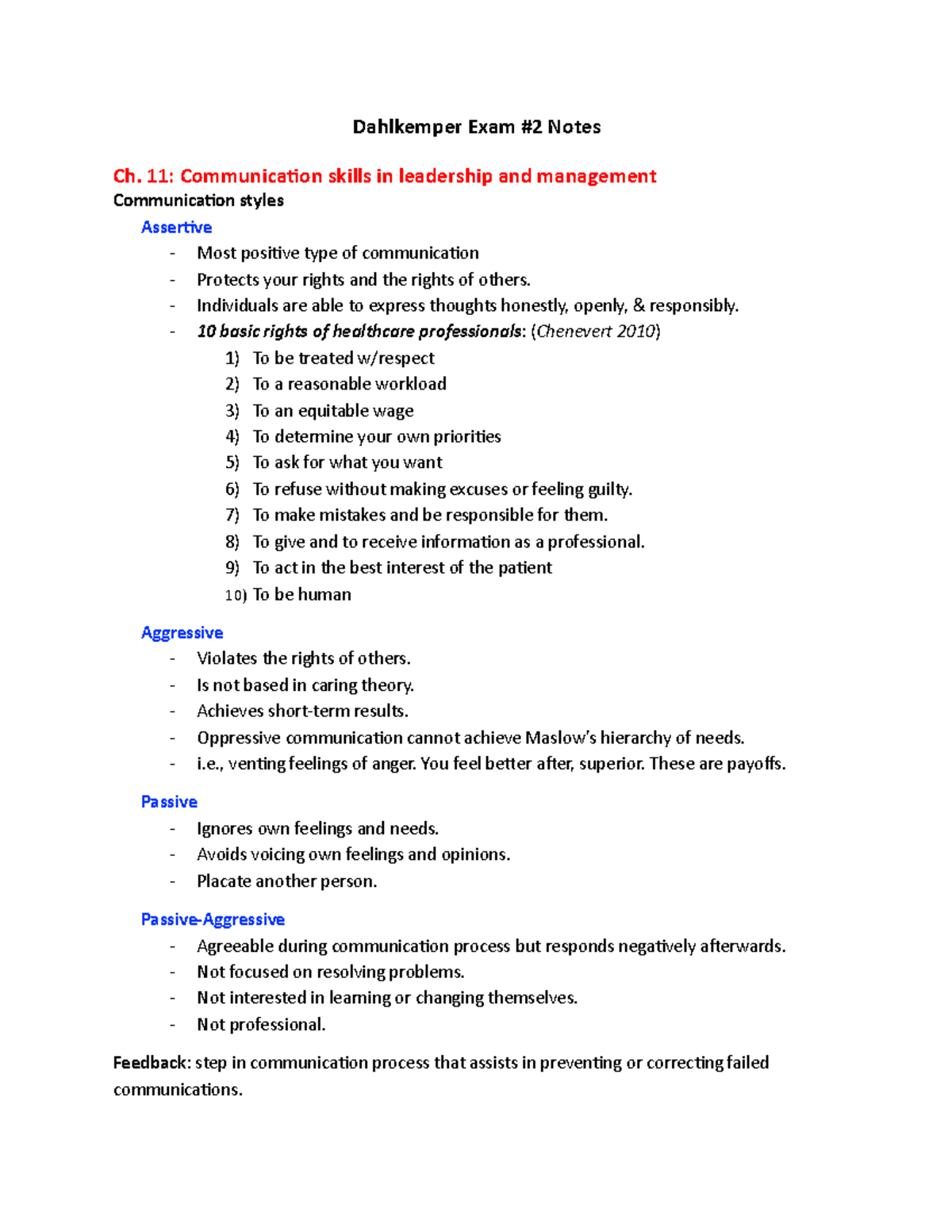 Dahlkemper Exam #2 - Leadership LVN notes - Dahlkemper Exam #2 Notes Ch ...