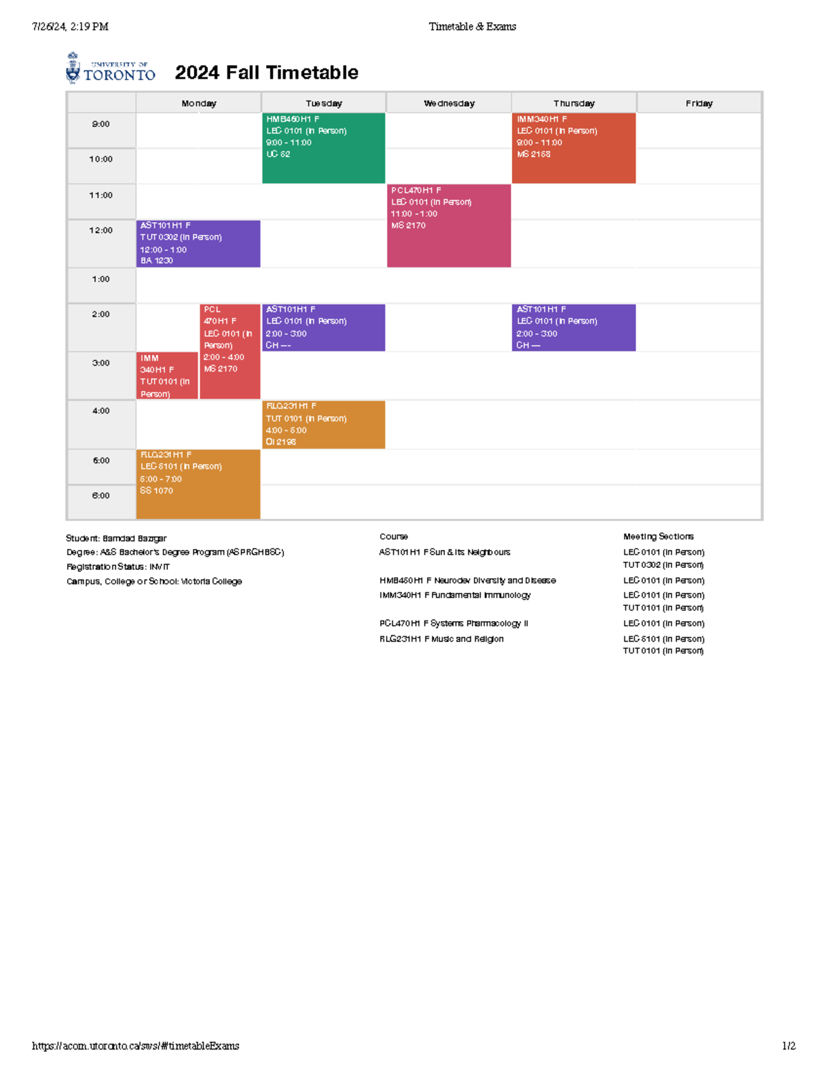 1 - yes - 2024 Fall Timetable Monday Tuesday Wednesday Thursday Friday ...