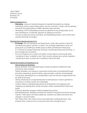 BUS 110 Chapter 1 - Jason Ogbue Professor Levine Business 110 1/31 ...