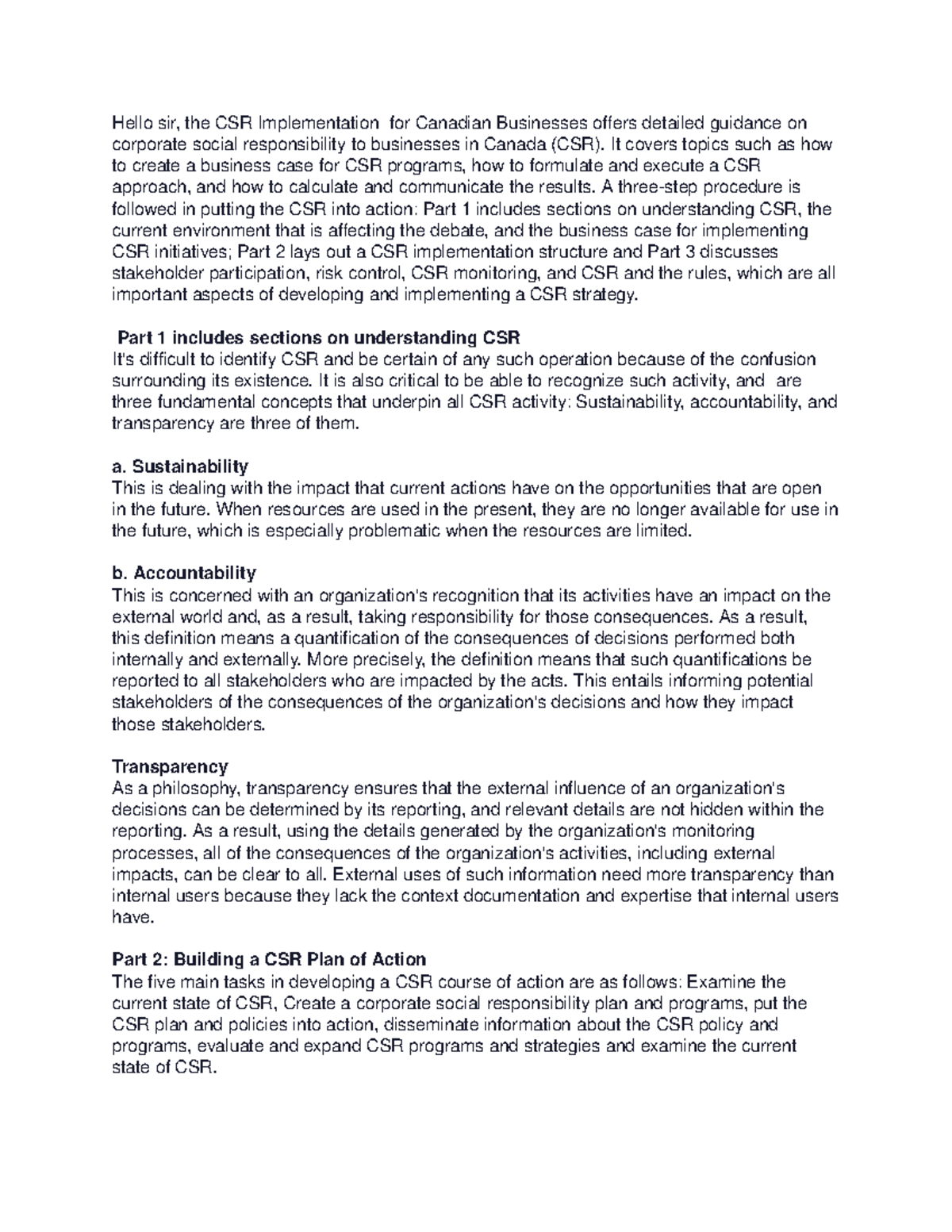 Corporate social responsibility 2 - Hello sir, the CSR Implementation ...