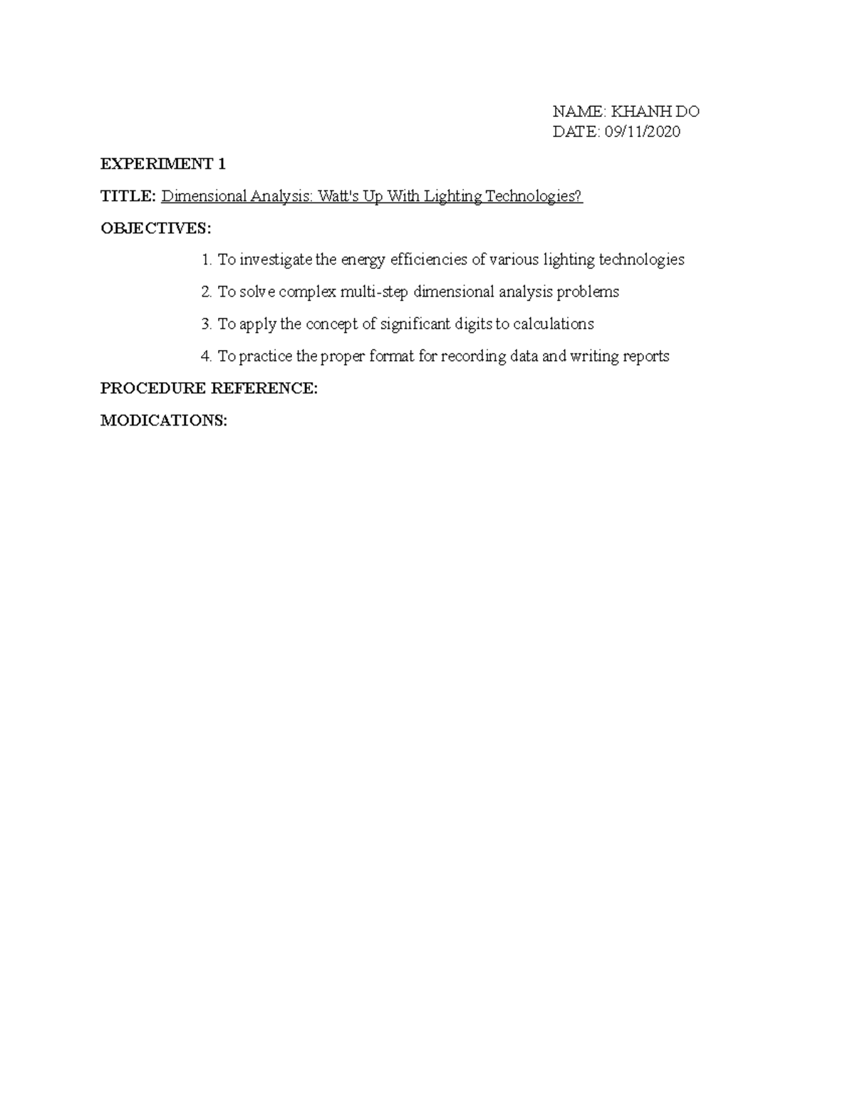 Dimensional Analysis Lap Report NAME KHANH DO DATE 09/11