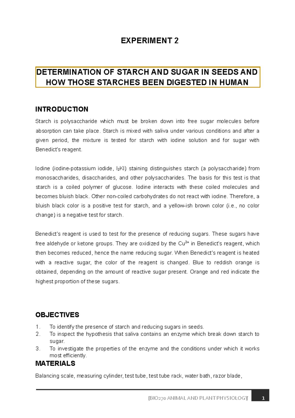 Experiment 2 BIO270 - EXPERIMENT 2 DETERMINATION OF STARCH AND SUGAR IN ...