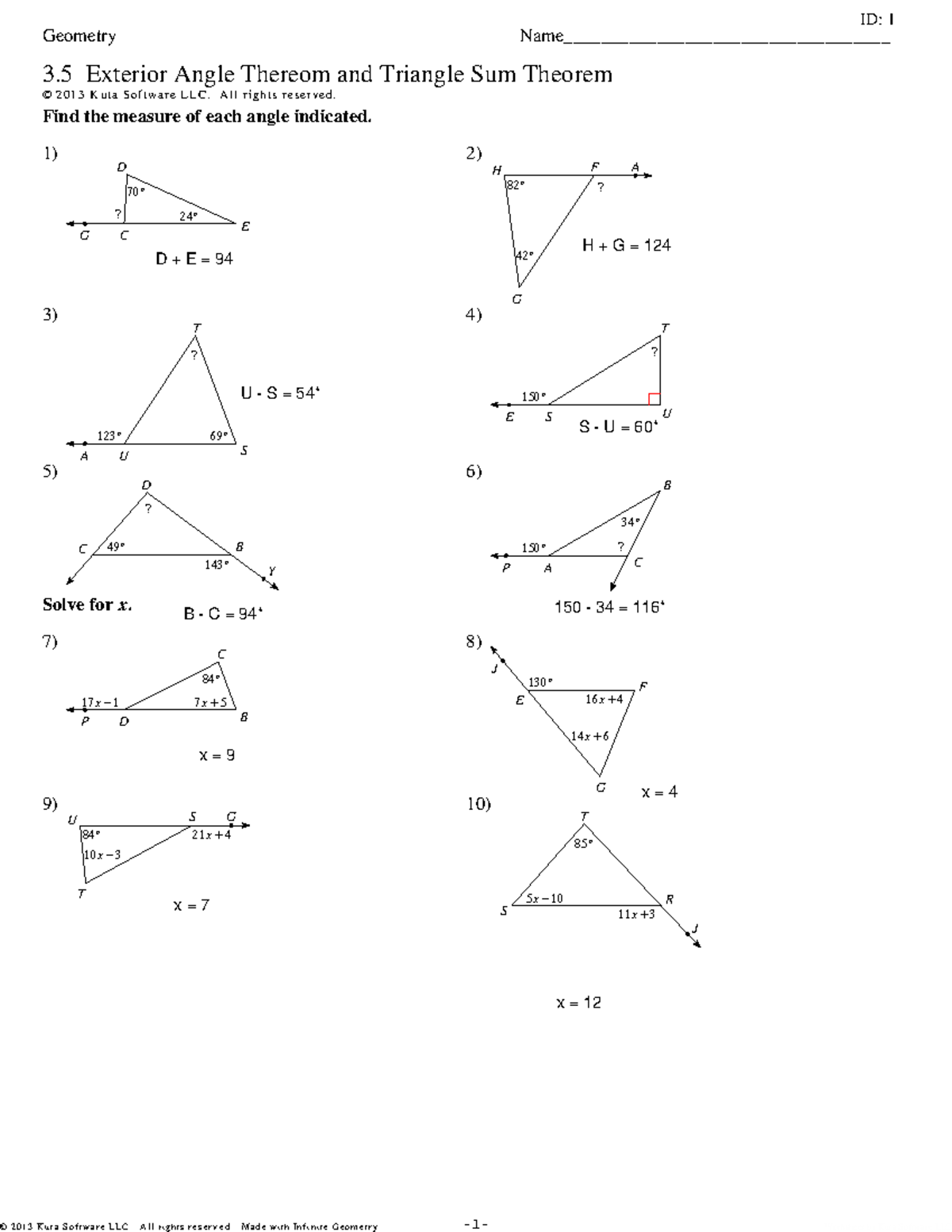 Lesson 1 - Interior and Exterior Angle Sum Theorem - ©C h2J0s 1z3n F ...