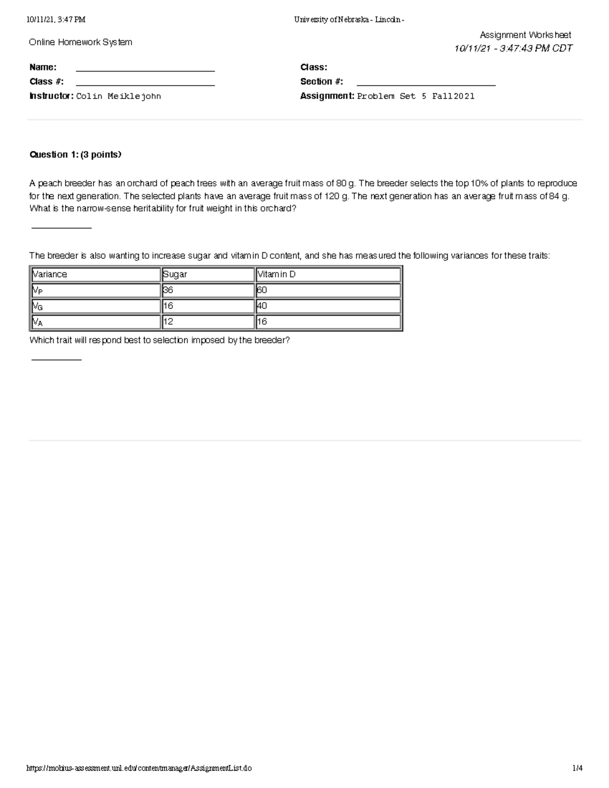 Problem set 5 Fall2021 - Genetics work - Online Homework System ...