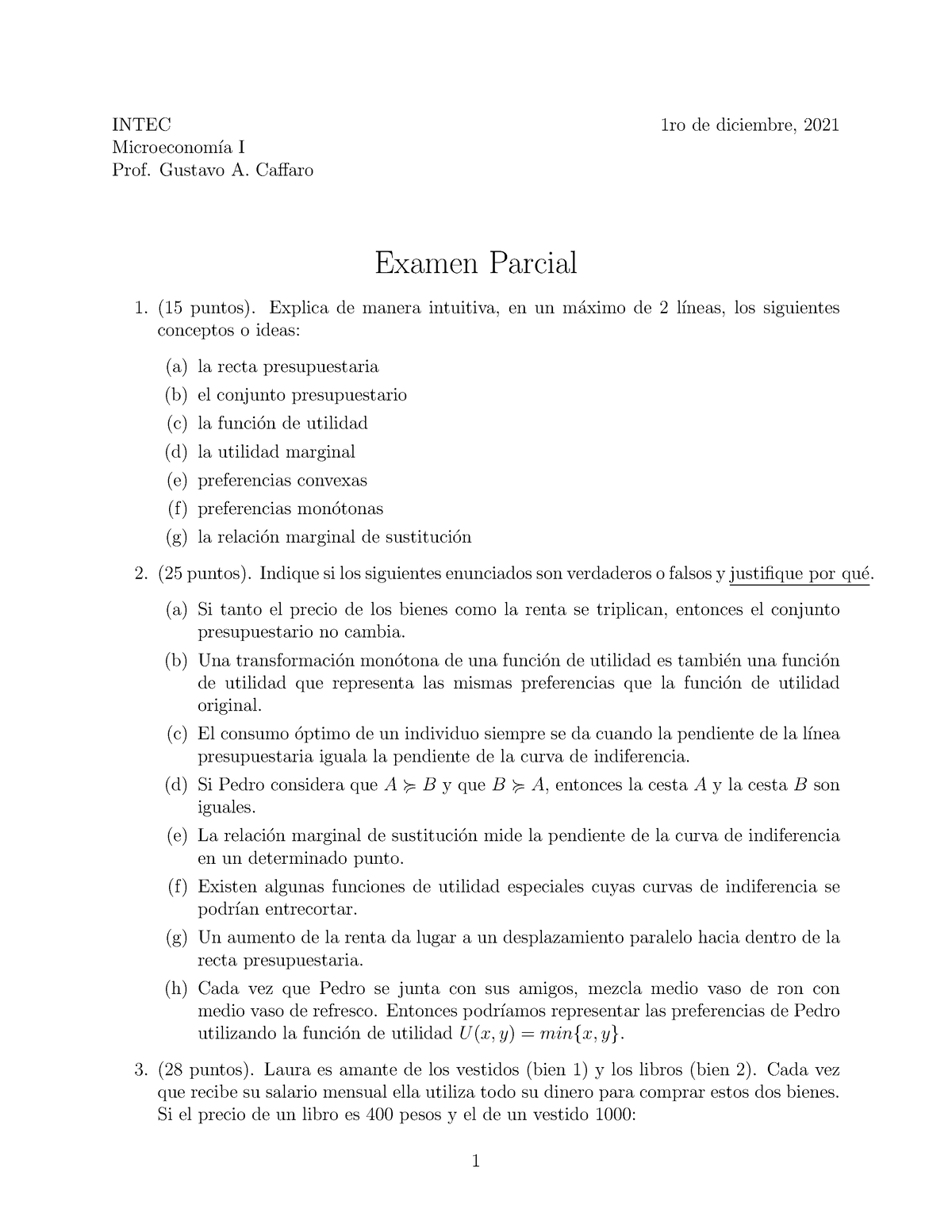 Examen Parcial De Microeconomía I - INTEC 1ro De Diciembre, 2021 ...